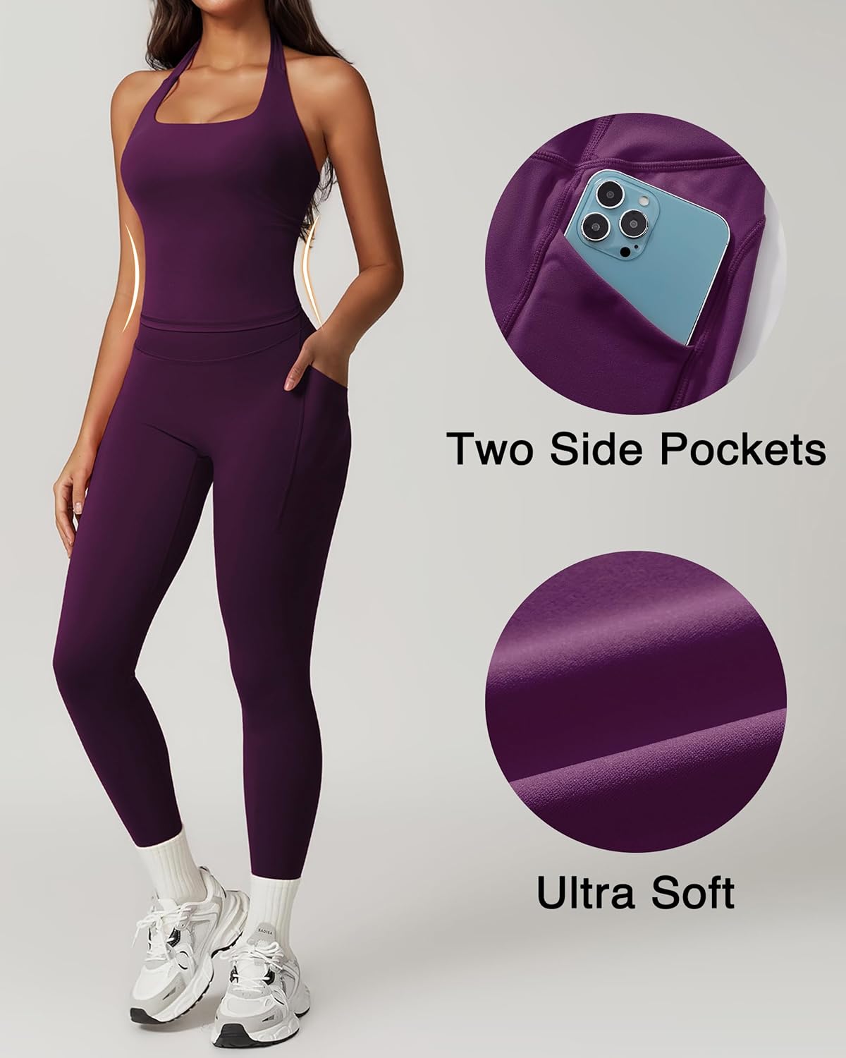 RXRXCOCO Open Back Workout Sets for Women 2 Piece Halter Tank Tops Hidden Scrunch Leggings Matching Set with Pockets - Image 5