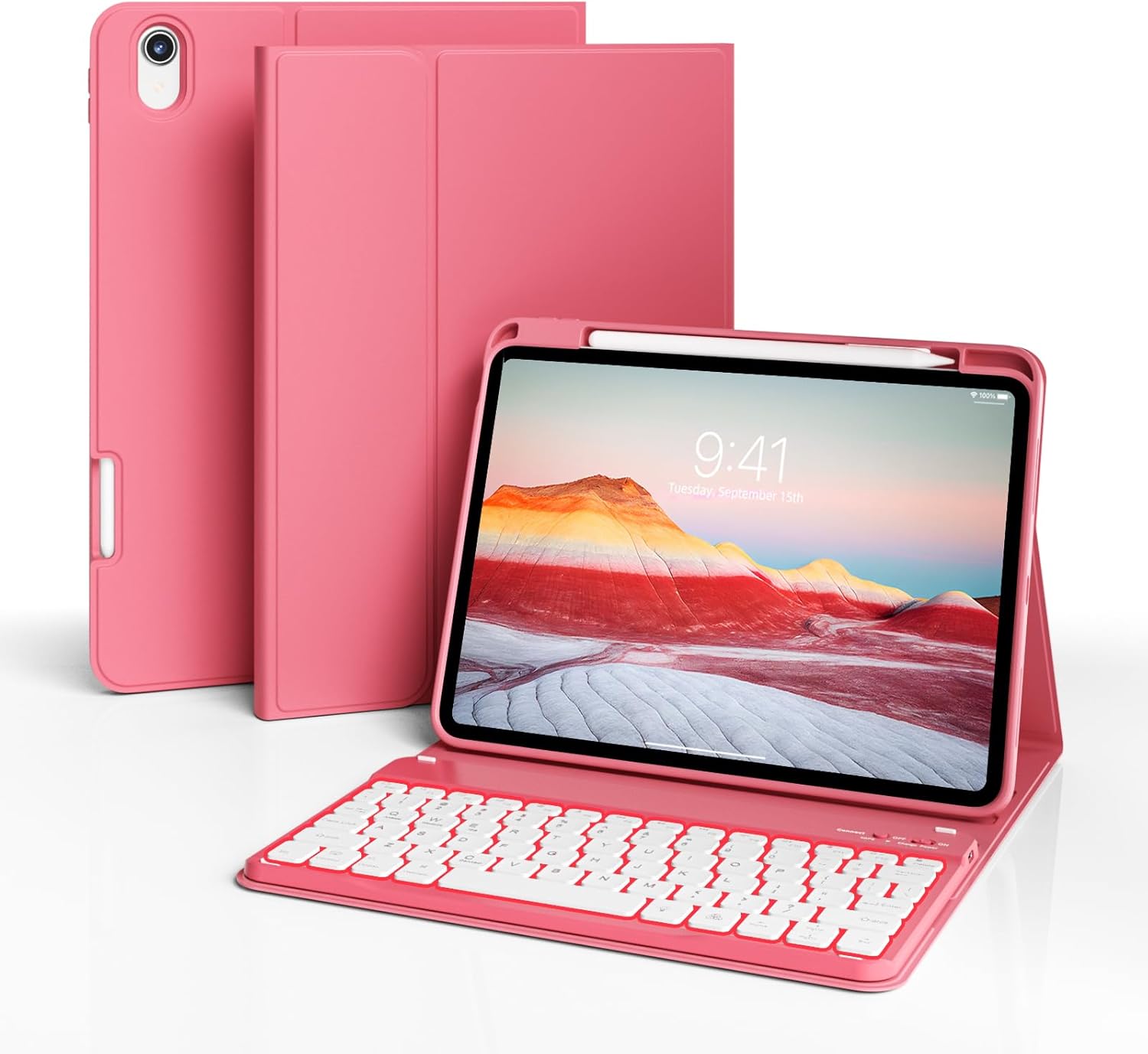 for iPad (A16) 11th Generation 2025 11-inch/10th Generation 2022 10.9 inch with Keyboard, 7 Colors Backlit Square Keycaps, Detachable Wireless Bluetooth Keyboard Case with Pencil Holder, Pink