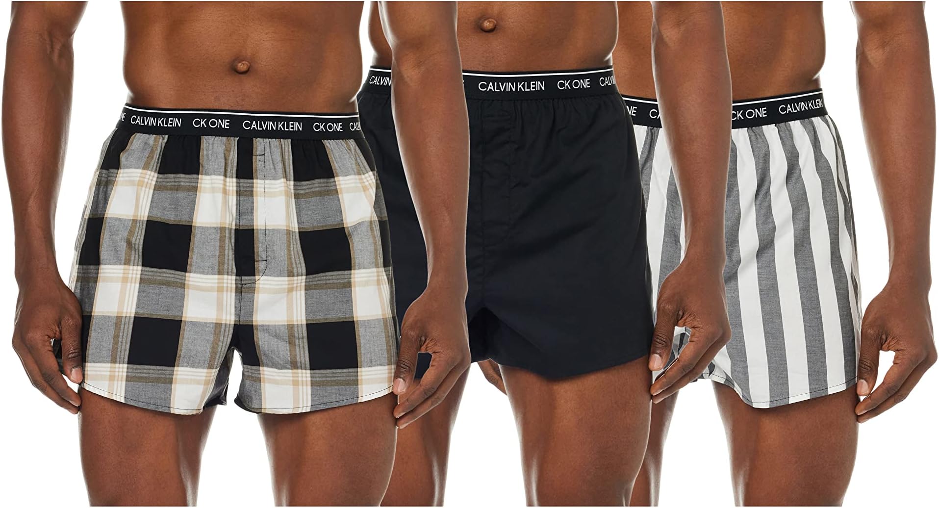 Calvin Klein CK One Slim Fit Woven Boxer 3-Pack, Level Stripe/Black/Field Plaid