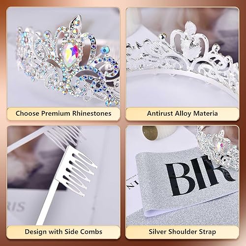 Miniatura 4 de Coronas de reina para mujer, juego de banda de tiara de cristal de cumpleaños, diadema de diamantes de imitación, decoraciones de fiesta feliz,