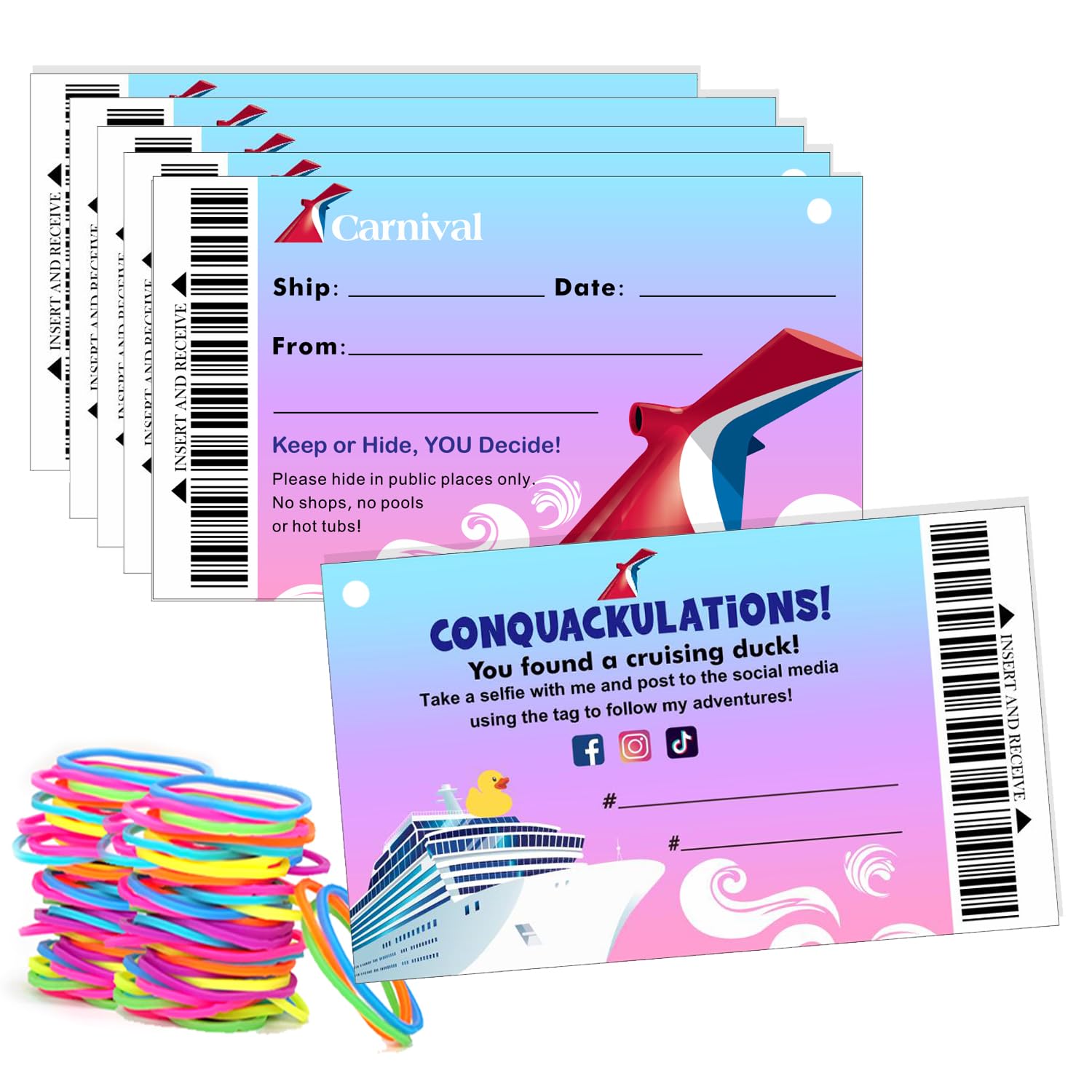 Cruising Rubber Duck Tags, Duck Tags, Carnival Cruising Line Gold Sailing Card, Duck Duck Tags, Ducking Game Cards, 50 Pack, 3.5 x 2 inches, with Hole and Rubber Bands (Cruise Tags 7FDC223)