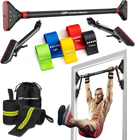 Doorway Pull Up Bar with Resistance Bands and Accessories - No Drilling, Holds 8