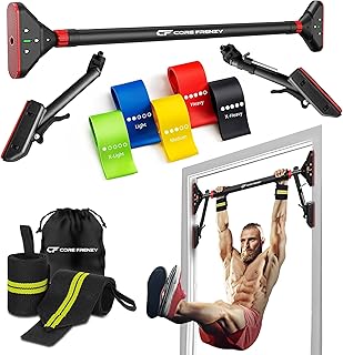 Barra de dominadas para puerta con bandas de resistencia y muñequeras, barra de dominadas para entrenamiento y ejercicio de la parte superior del cuerpo, mecanismo de bloqueo de ancho