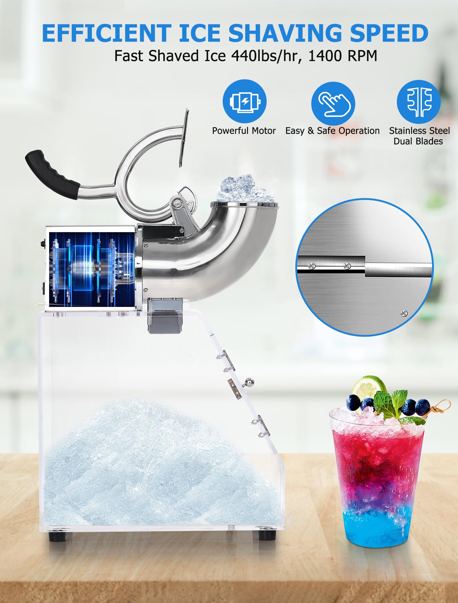 Shaved Ice Machine, 440LBS/H Commercial Ice Crusher Snow Cone Machine, Electric 2 Blade 350W Crusher Ice Maker, Ice Crusher, Commercial Home Ice Crusher for Home, Restaurant, Bar