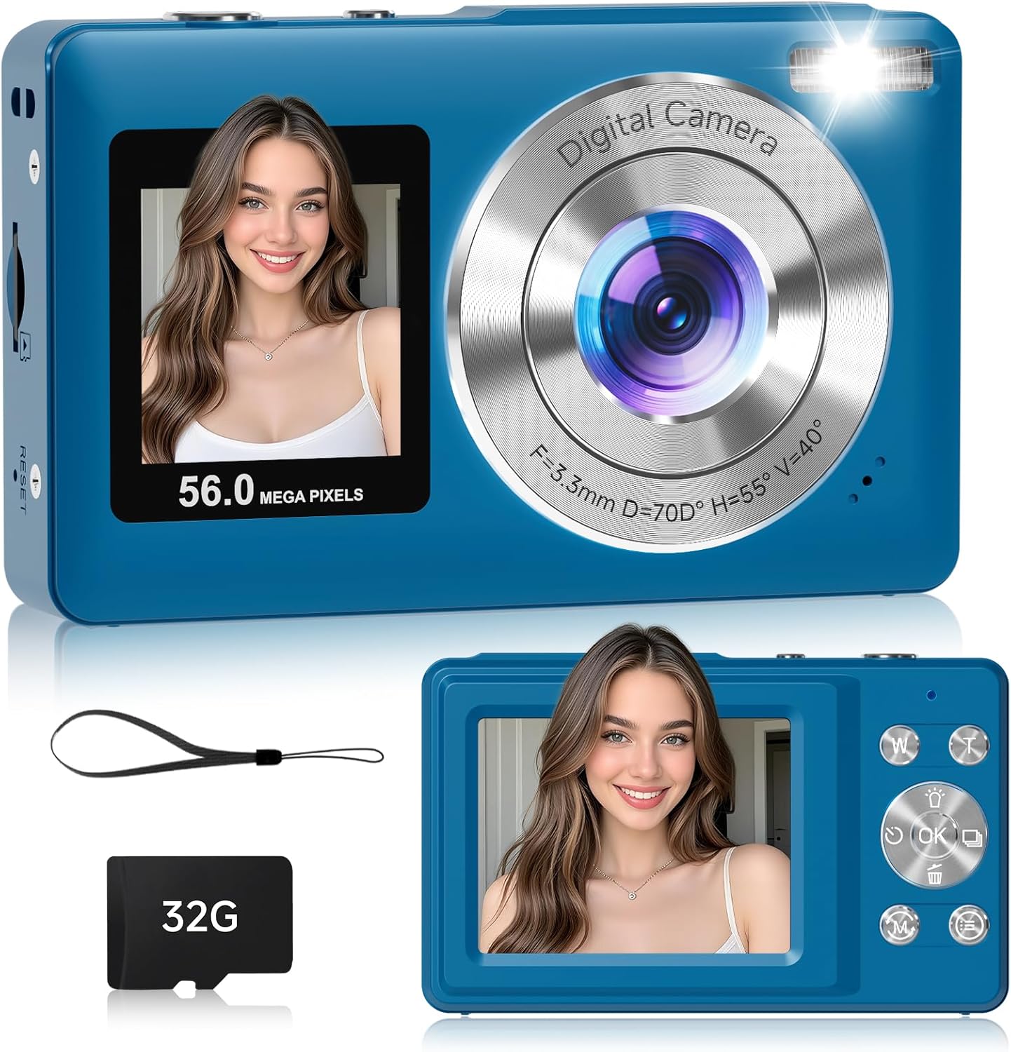 Digital Camera, 56MP Dual Screen Autofocus Vlogging Camera, 16X Zoom Point and Shoot Camera for Photography, Anti-Shake, 32GB Card, Compact Camera for Teens Adults,Blue