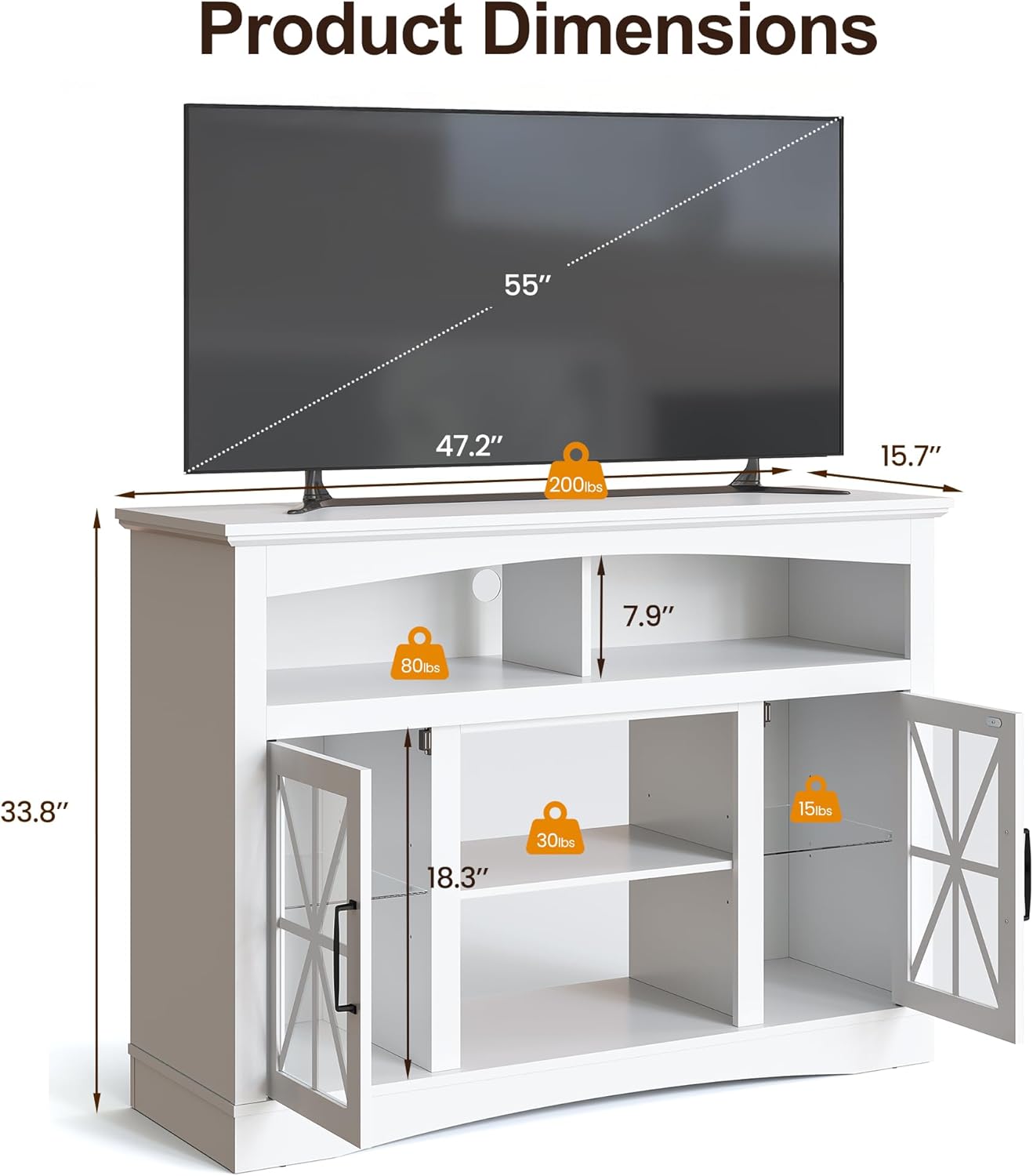 RoyalCraft Farmhouse TV Stand for 55 Inch TV, Entertainment Center with Glass Doors & LED Lights, Vintage Media Console Table with Adjustable Shelves for Living Room, Bedroom, White