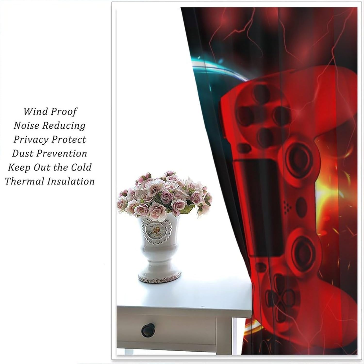 Boys Gaming Game Controller Blackout Curtains, Lightning Flame Blue Red Colorful Window Treatments for Teens Kids Girls Bedroom Living Room Bathroom Home Drapes 63x63 Inch