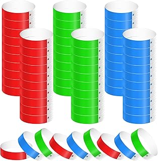 KINBOM 600 Piezas Pulseras Identificativas de Neón, Impermeables Brazalete Papel Pulseras para Eventos Coloridas Pulseras para Fiestas Brazaletes para Eventos Conciertos Ferias (Verde, Rojo, Azul)