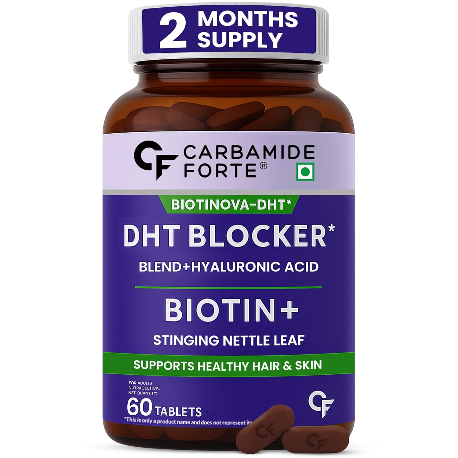 Carbamide Forte DHT Blocker with Biotin Tablets for Hair growth | Biotin Supplement with Bhringraj & Hyaluronic Acid | DHT Blocker Tablet supports Hair Growth, Scalp & Skin Health for Men & Women | 60 Tablets
