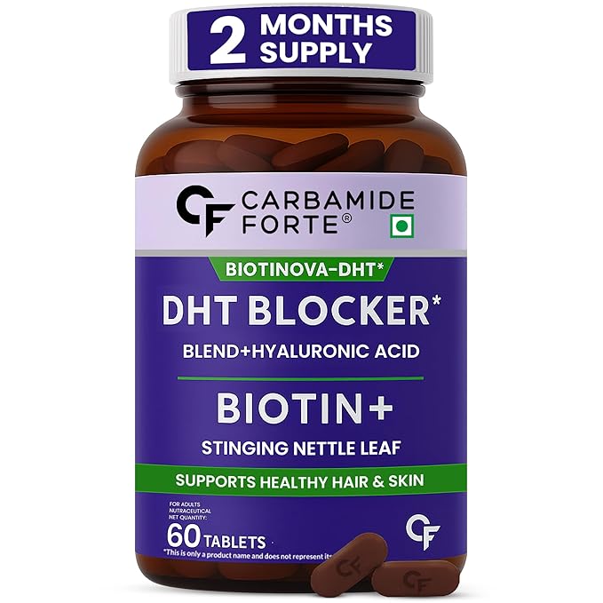 Carbamide Forte DHT Blocker with Biotin Tablets for Hair growth | Biotin Supplement with Bhringraj & Hyaluronic Acid | DHT Blocker Tablet supports Hair Growth, Scalp & Skin Health for Men & Women | 60 Tablets