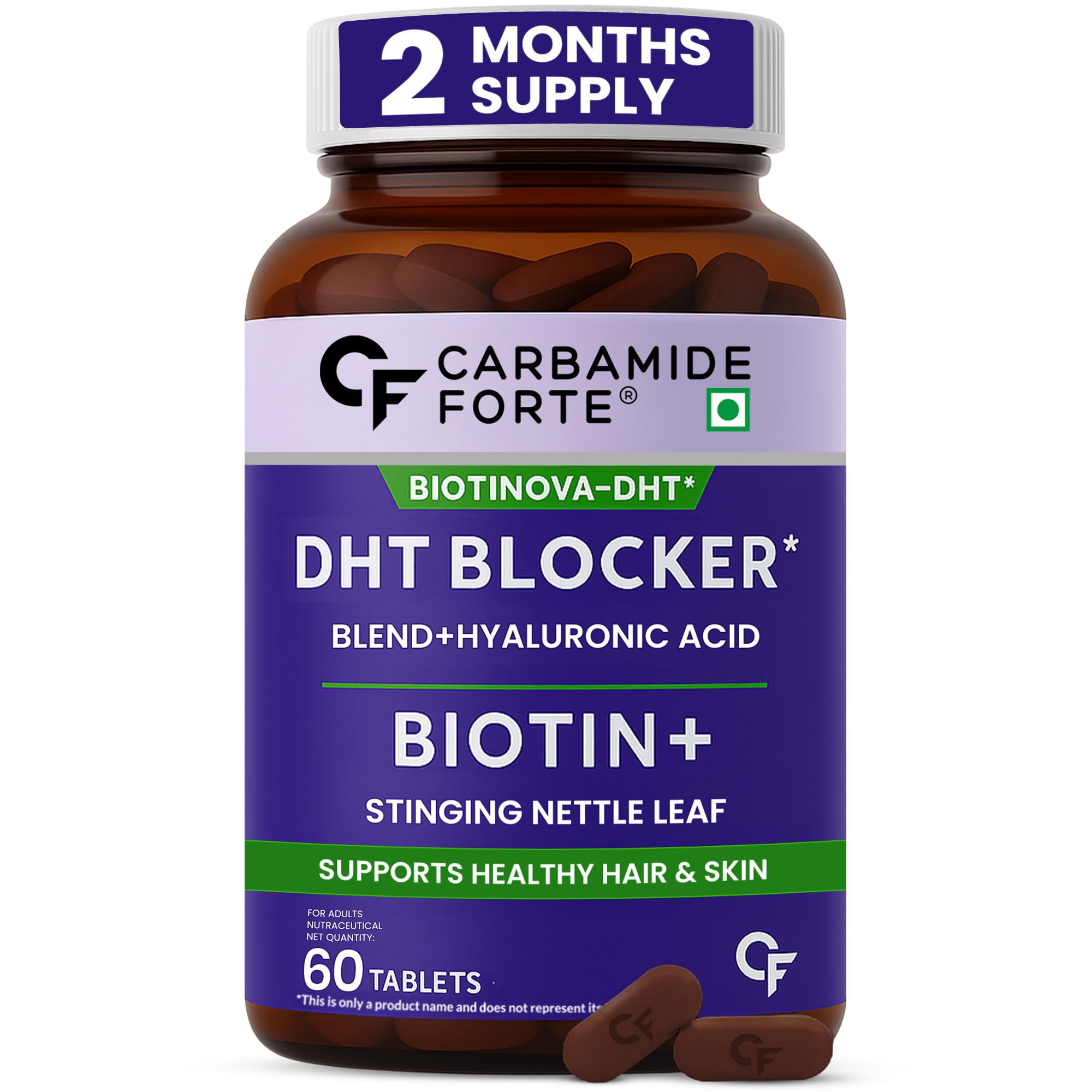 Carbamide Forte DHT Blocker with Biotin Tablets for Hair growth | Biotin Supplement with Bhringraj & Hyaluronic Acid | DHT Blocker Tablet supports Hair Growth, Scalp & Skin Health for Men & Women | 60 Tablets