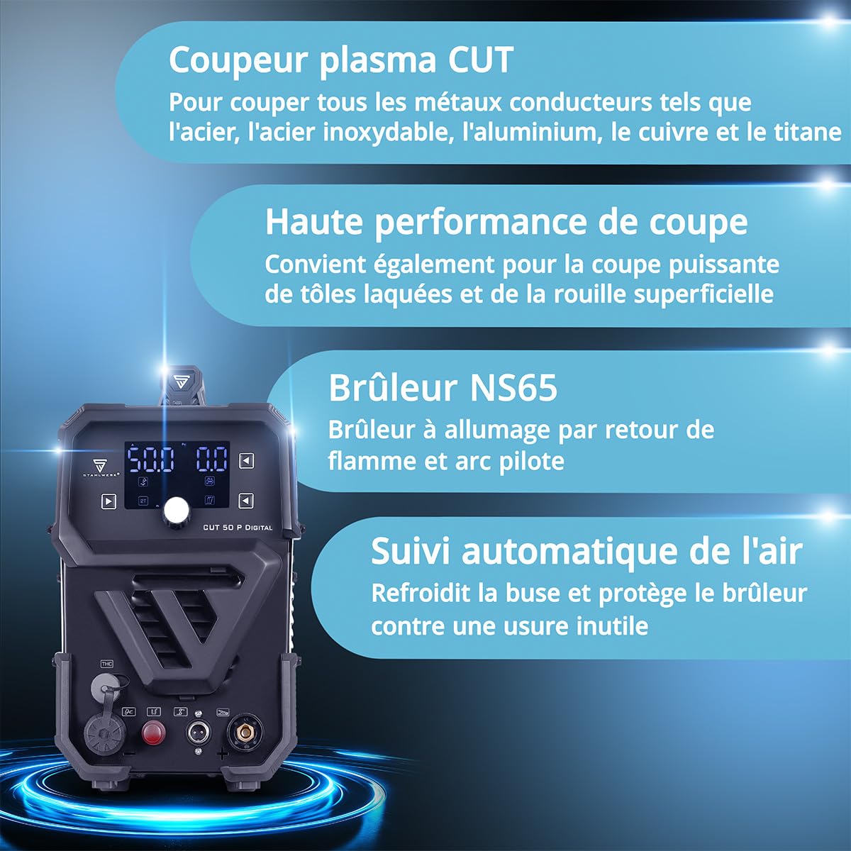 STAHLWERK Découpeur plasma CUT 50 P Digital – Poste de découpe plasma 50 A, capacité de coupe jusqu'à 20 mm, amorçage pilote HF, interface THC pour contrôle de hauteur CNC, Inverter Plasma Cutter