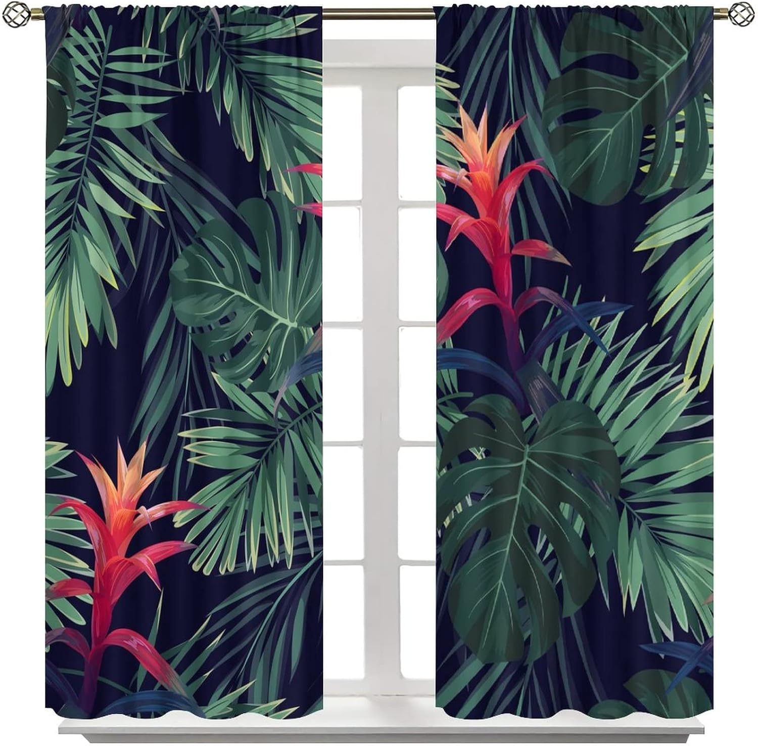 Tropical Jungle Curtains Summer Palm Leaves Jungle Colorful Flowers Theme Rod Pocket Blackout Window Drapes 2 Panels Set for Bedroom Living Room Decor 42x54in