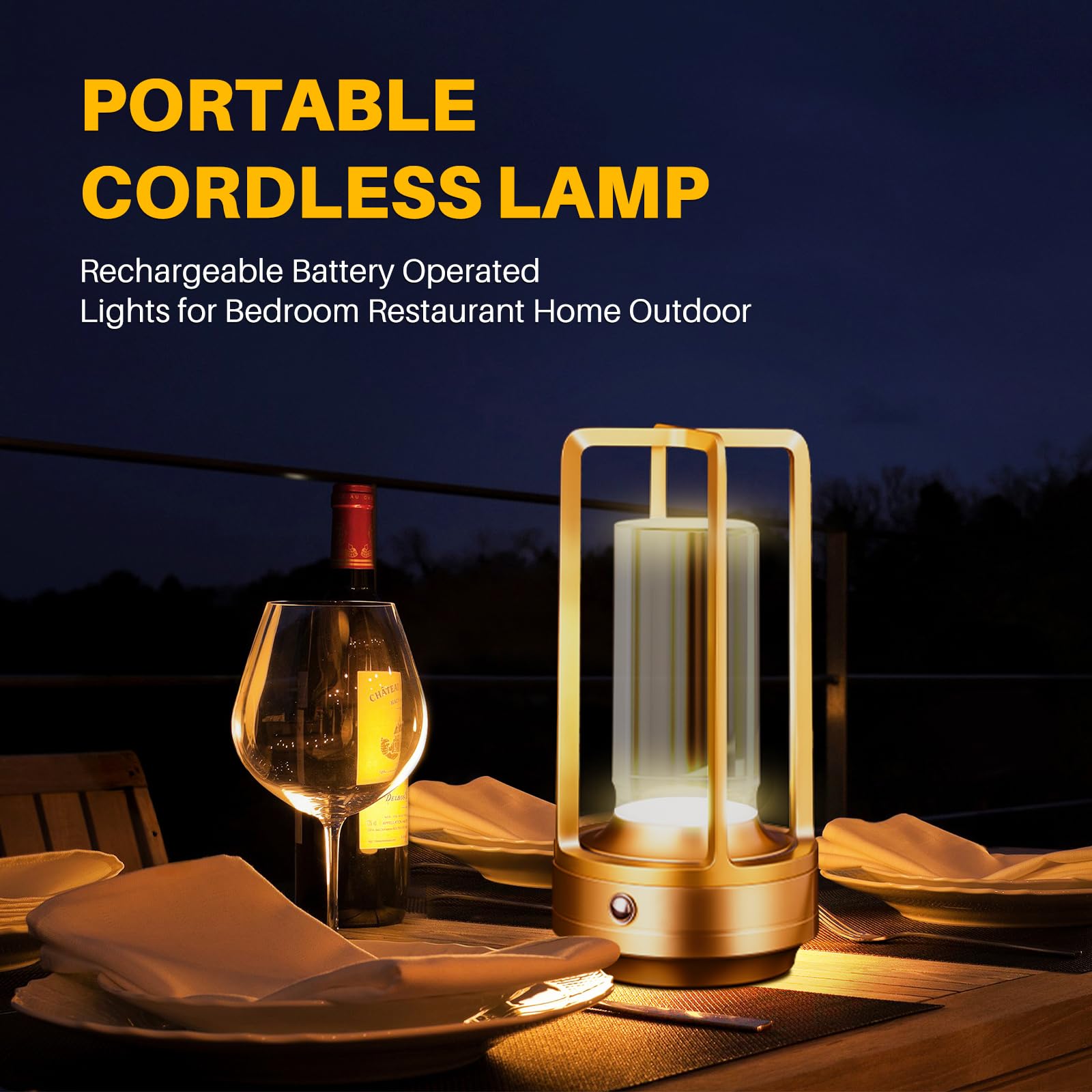 Lámpara de mesa recargable inalámbrica, 3 colores, cristal, atenuación continua, para dormitorio, cafetería, campamento, bar, mesa de comedor, restaurante, dorado (paquete de 2) 6