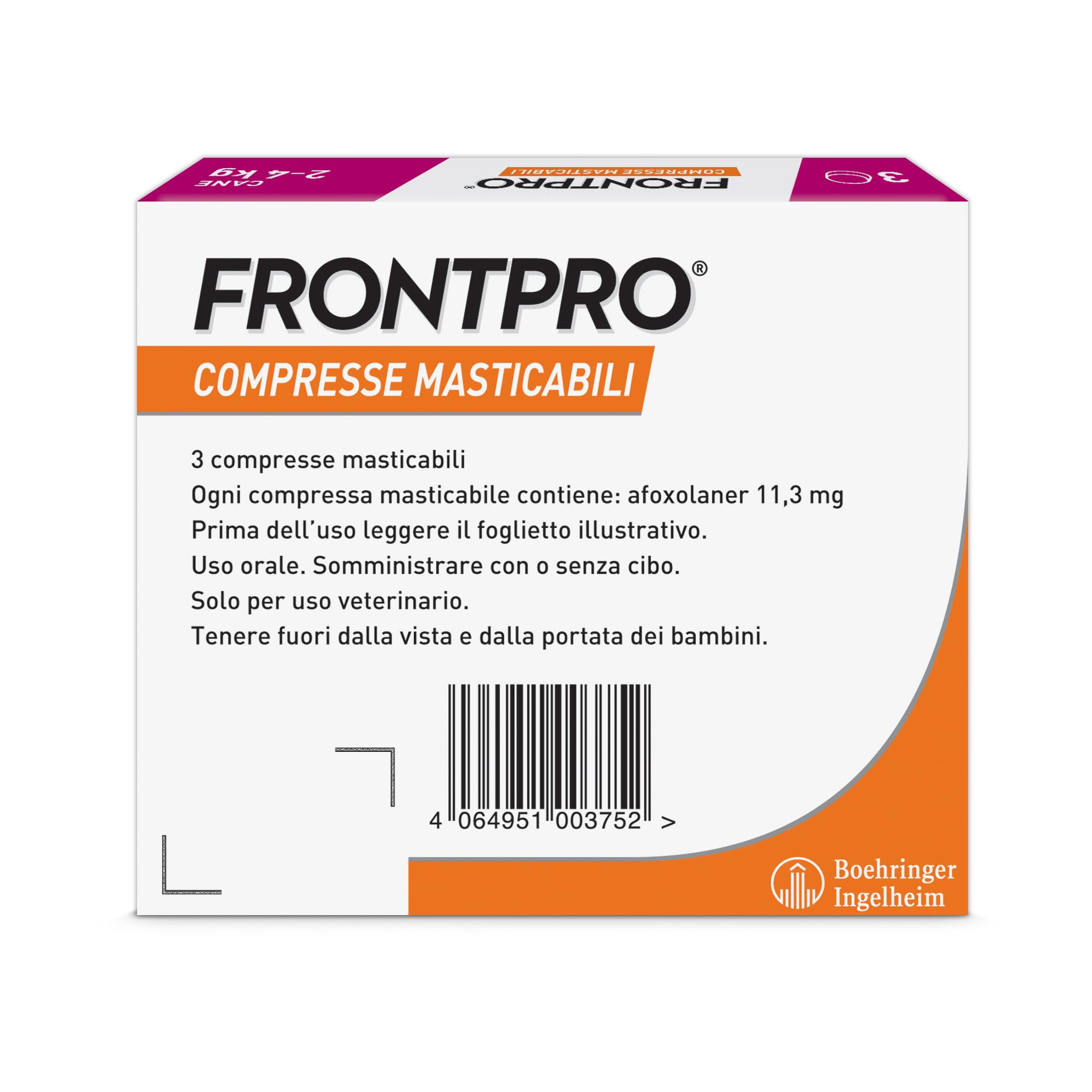 FRONTPRO 3 comprimés à croquer antiparasitaire pour chiens pesant 2 à 4 kg Protège contre les puces et les tiques, anti-puces en boîte de 3 comprimés de 11,3 mg d'Afoxolaner, 2 kg - 4 kg