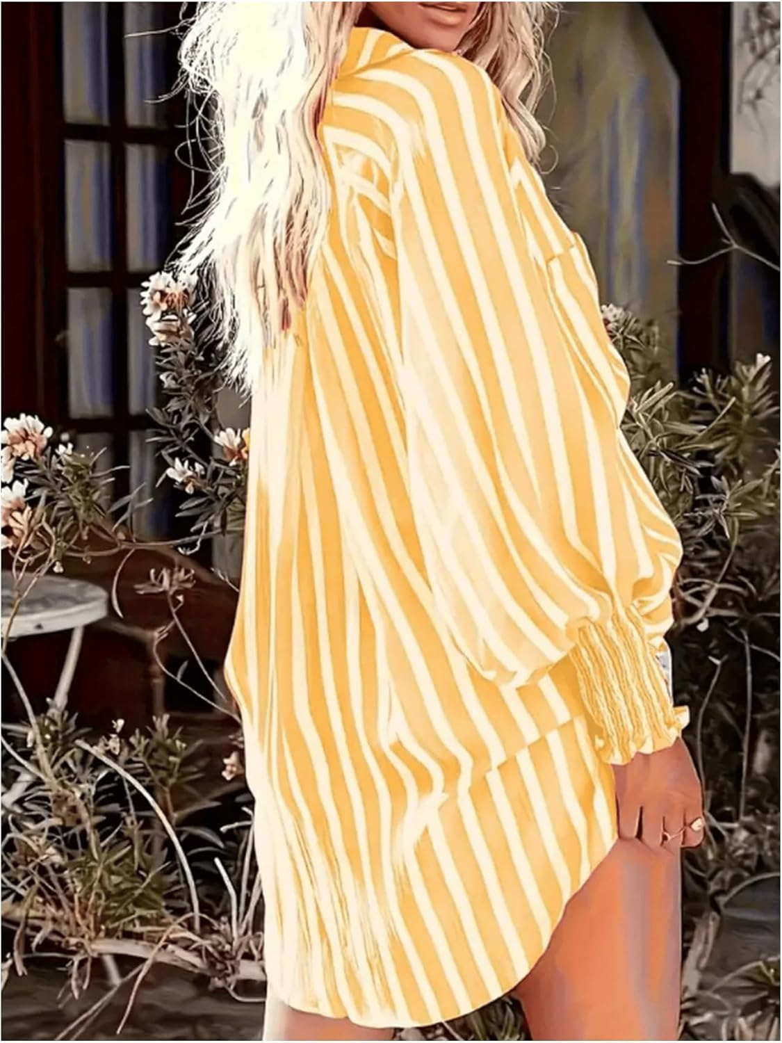 WDIRARA Women's Striped Button Down Shirts Smocked Lantern Long Sleeve Collared Blouse Loose Tops - Image 2