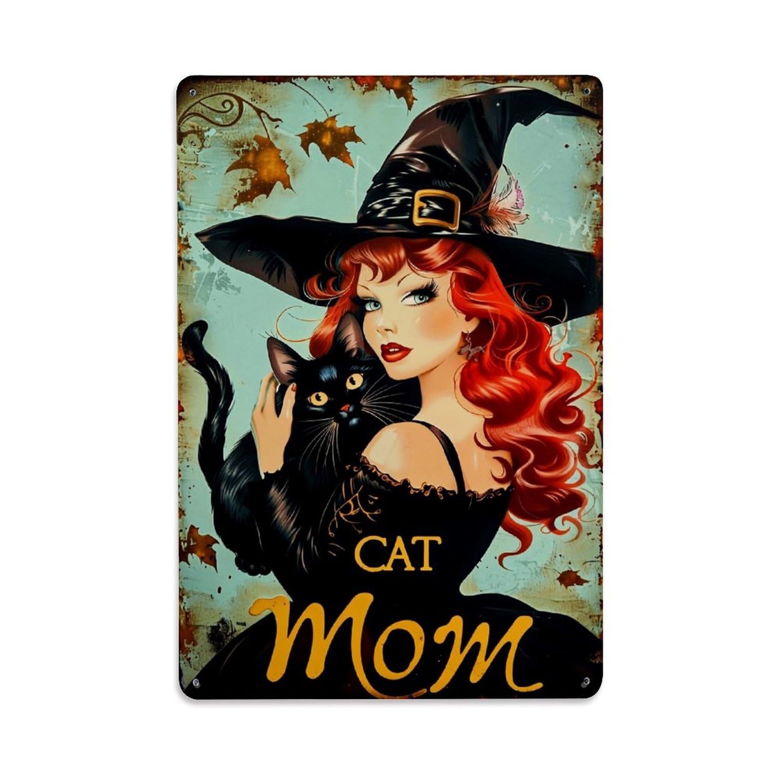 Witch Cat Mom Halloween Art Tin Sign Metal Poster Vintage Metal Signs for Home Man Cave Bar Cafe Kitchen laundry room Wall Decorations Gift 8x12Inch