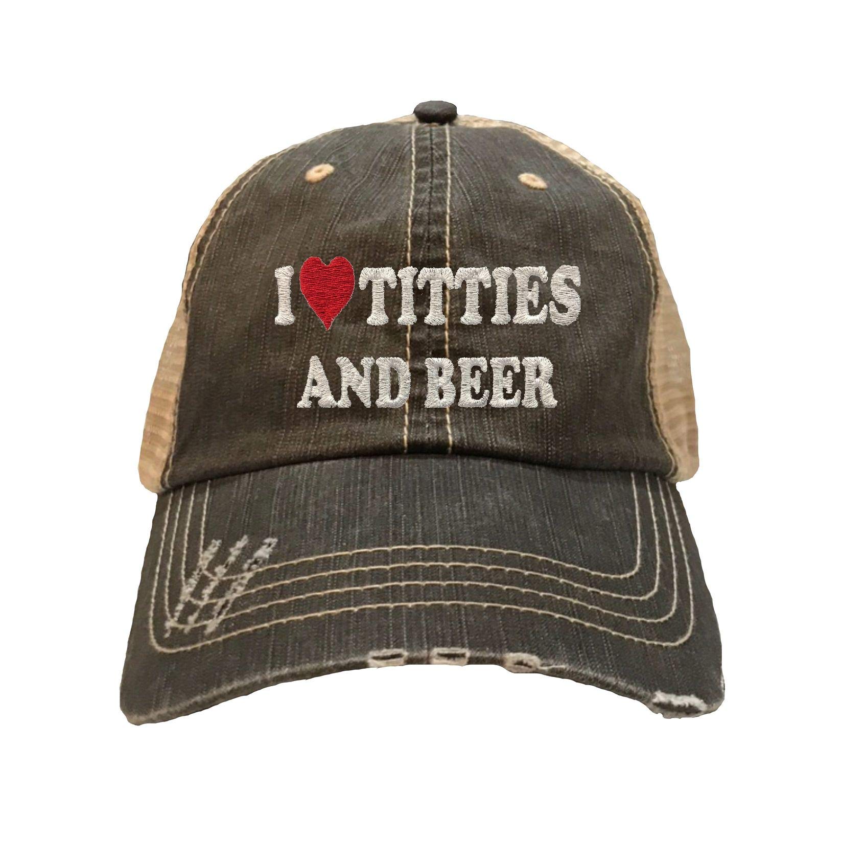 Go All OutAdult I Love Titties & Beer Embroidered Distressed Trucker Cap