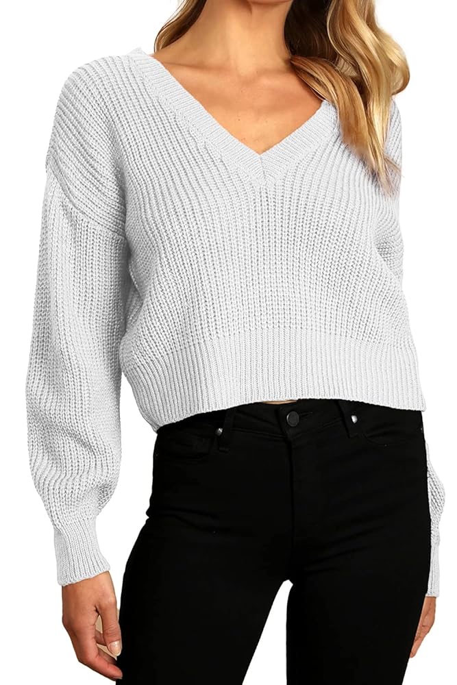 Jumppmile Women Crop Sweater V Neck Long Sleeve Knit Top Rib