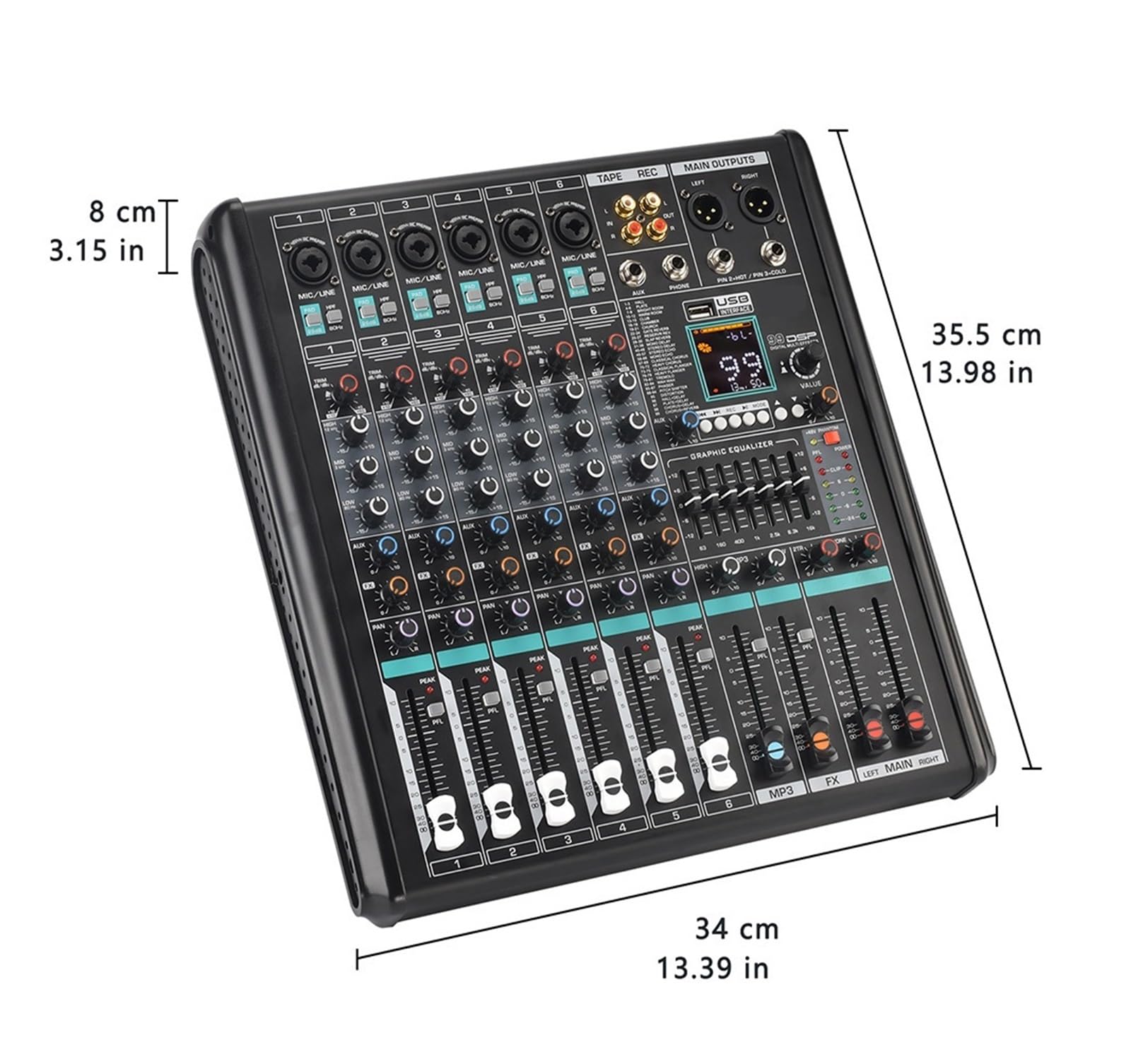DJ-Audiomixer 6-Mono-Kanal-Mischpult, Monitor, Low Cut, 99 DSP-Effekt-PAD, Bluetooth-Audio-Sound-Mixer, 7-Band-EQ, USB-Aufnahme