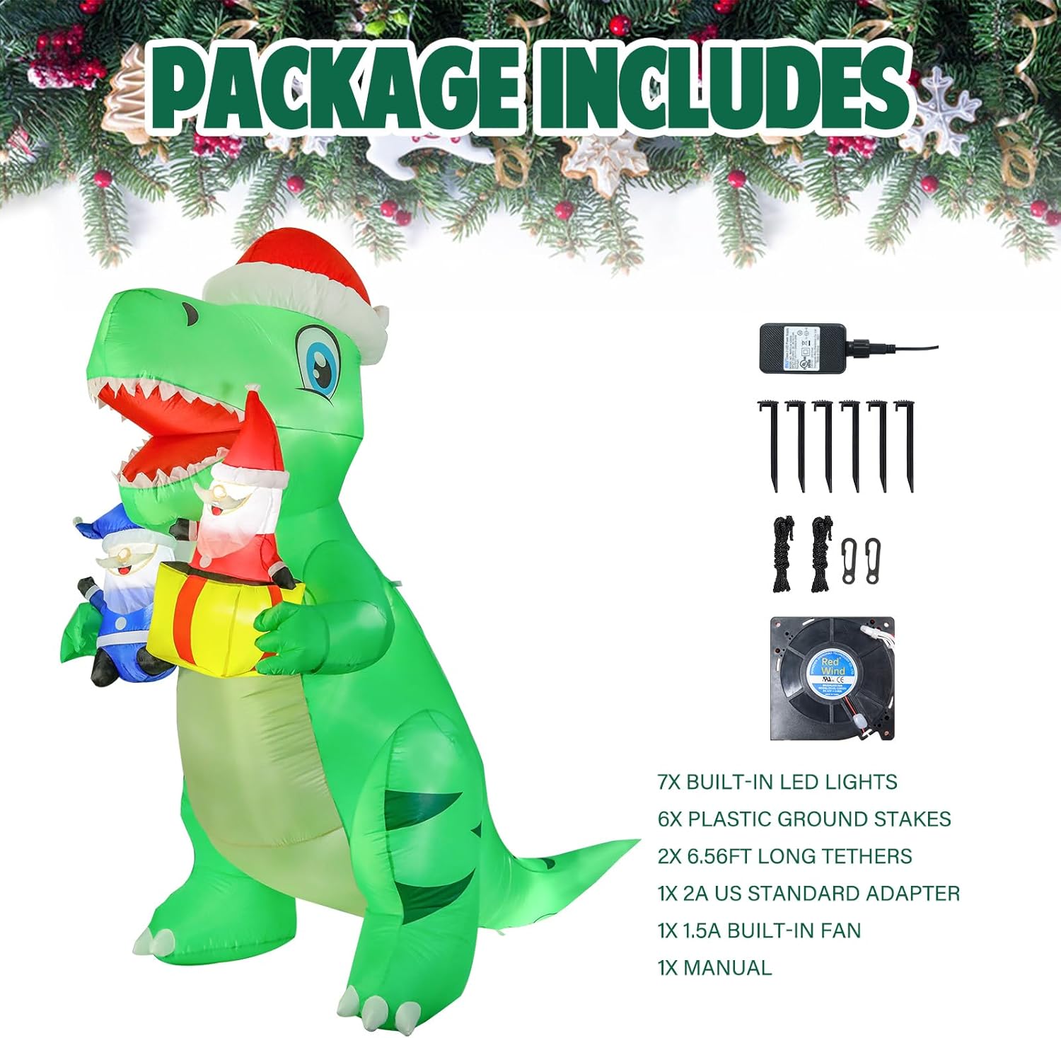 Vipush 8 FT Christmas Inflatable Decorations Dinosaur Christmas Decorations Outdoor Inflatable with LED Light, Outdoor Holiday Decor Blow Up Yard Decor - Image 3