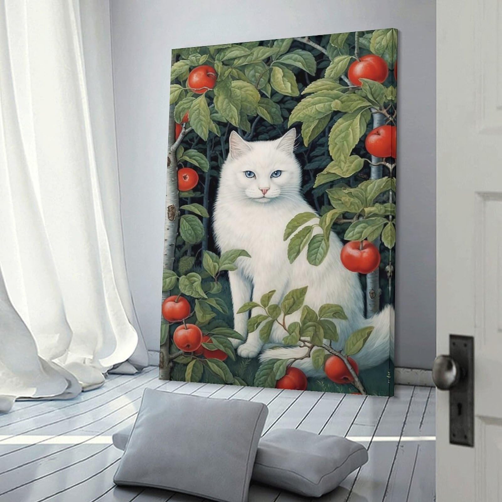 Junmoney Frame-Style-16 White Cat In An Apple Orchard Wall Picture Print, 20X30inch(50X75cm), For Art Walls, Layered Displays Or Homes, Home Wall Art For Statement Displays