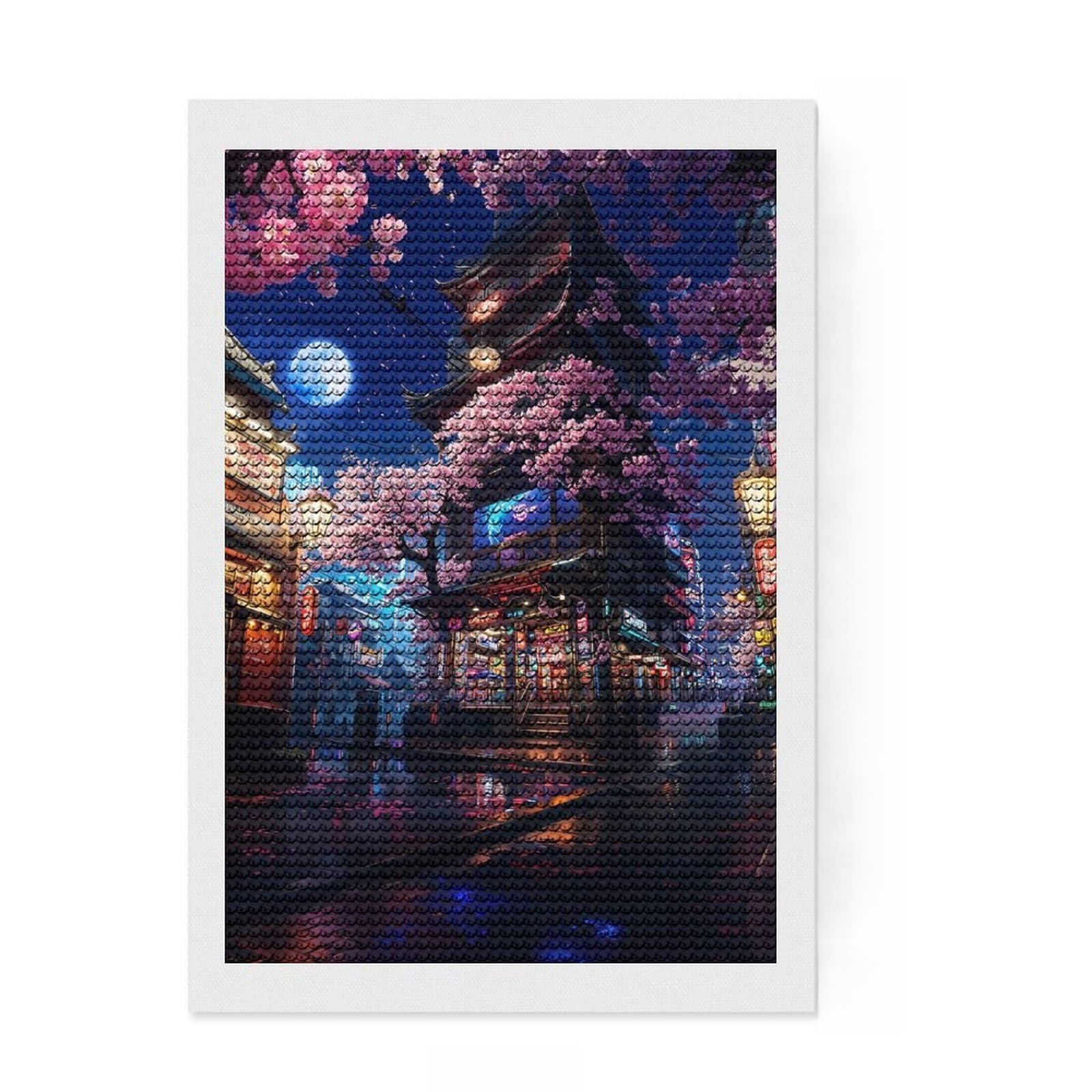Junmoney Neon Tokyo Sakura Store 5D Diamond Painting Kit 8"x12", Adhesive Canvas, Boho Decor, Modern Decor, DIY Craft, Handmade Wall Decor