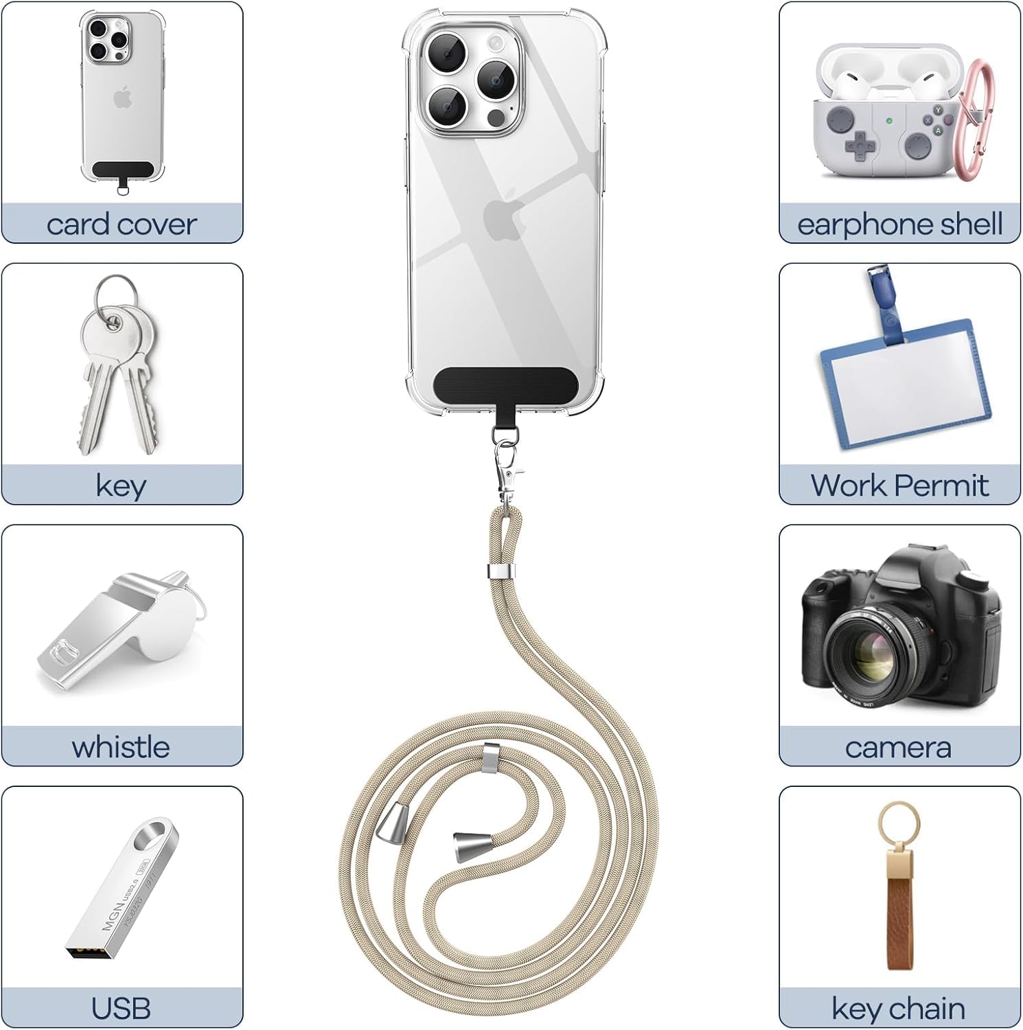 caslord Cordino per Cellulare*1, Patch Universali*2, Adatto a Tutti Gli Smartphone, Cinturino per Cellulare Abbinabile a Qualsiasi Custodia, Regolabile e Rimovibile - Oro