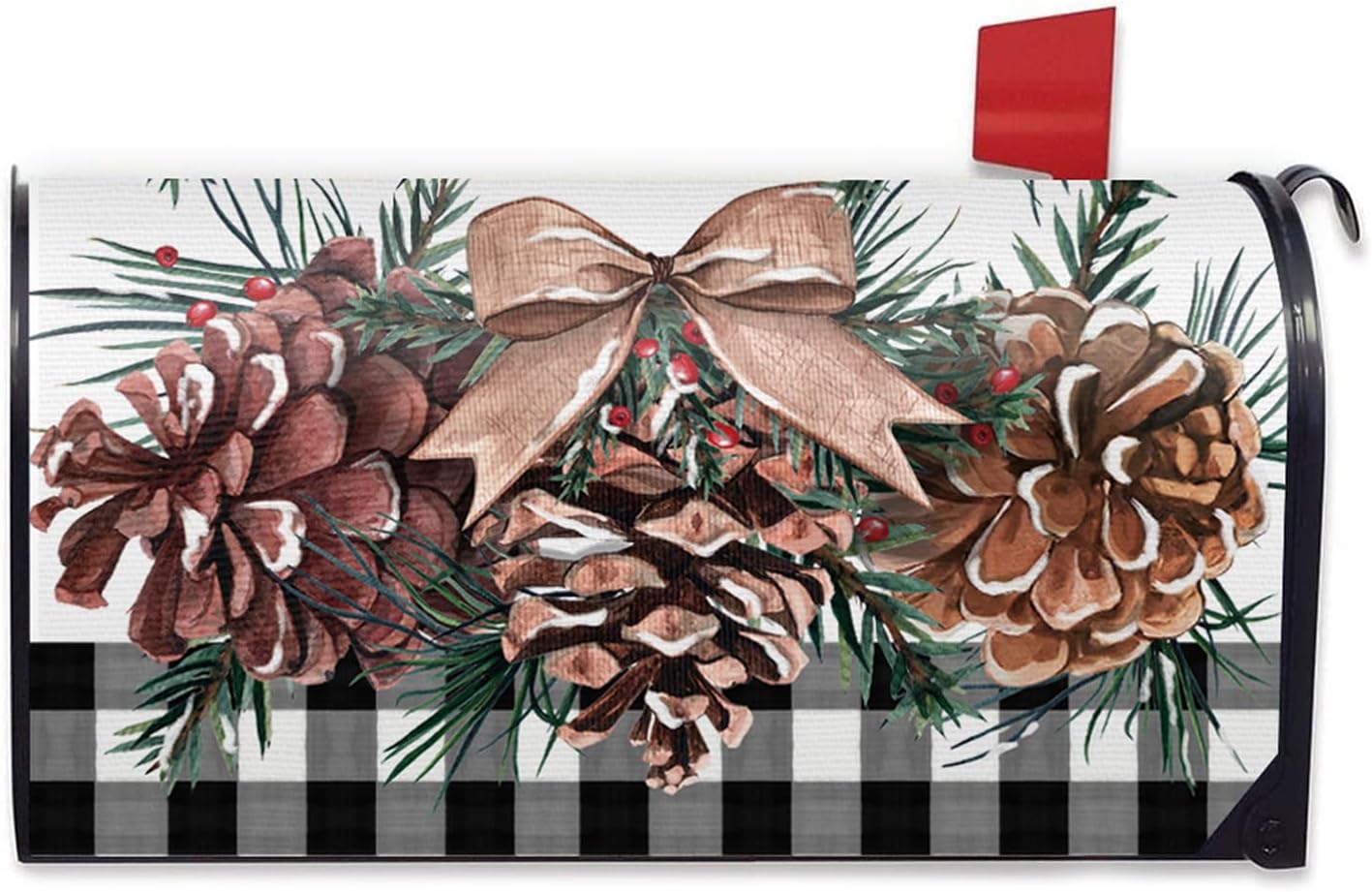 Winter Pine Cone Mailbox Cover Magnetic Standard Size 21" x 19", Buffalo Plaid Farmhouse Decorative Post Letter Box Wrap Decor, Christmas Pine Needle Bow Red Berry Garden Yard Outdoor Decoration