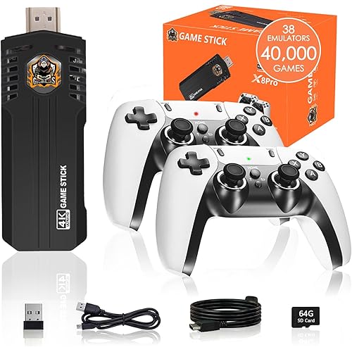 Uckqui Upgrade Retro Game Stick Pro, Wireless Retro Gaming Console with 40000+ Games, Built-in 38 Game Emulators (64G)