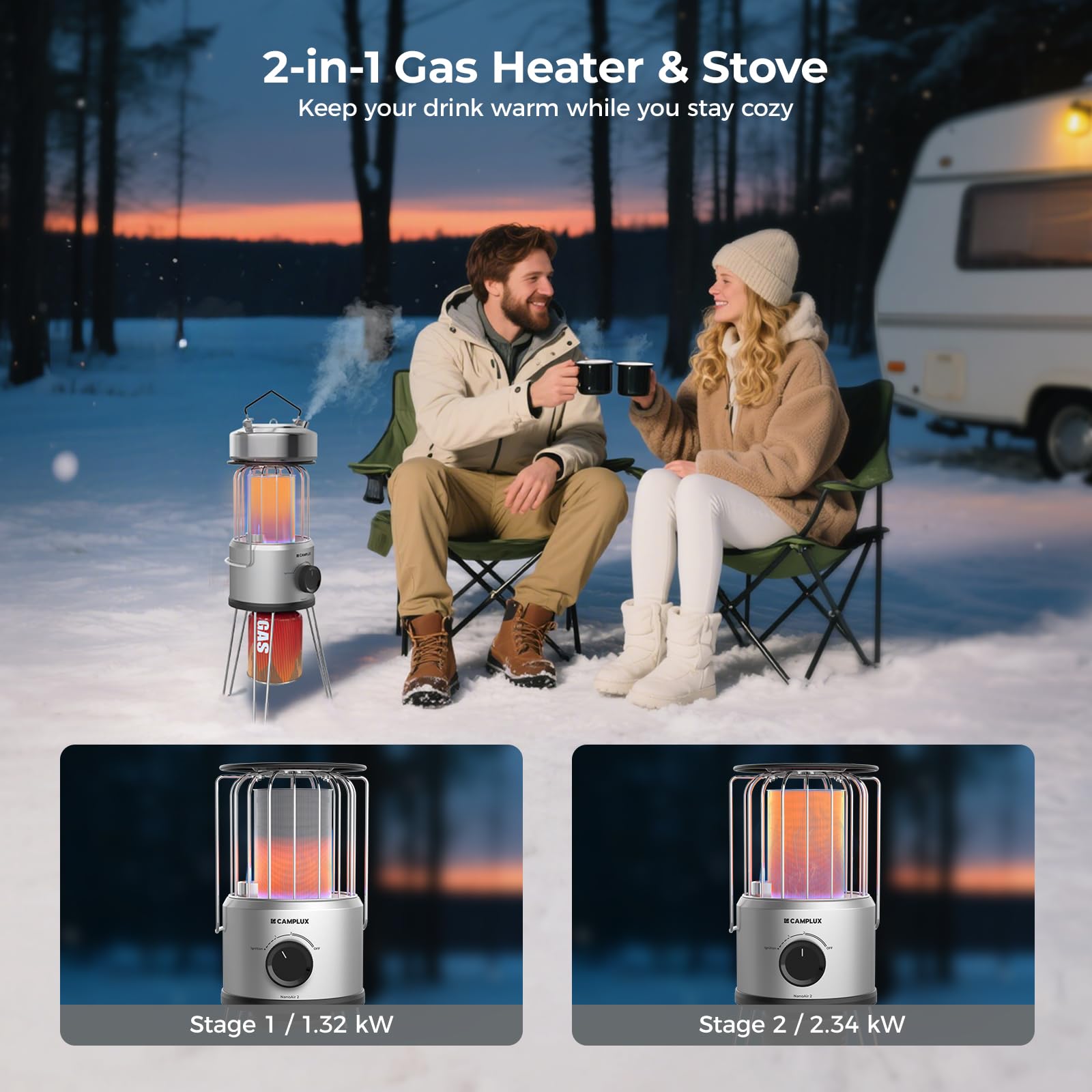 CAMPLUX Nano Tragbarer Gasheizer, 2,34 kW, 2 Stufen, 360° Outdoor-Heizung, 29 mbar Butan, ODS & Kippschutz, Ideal für Camping, Angeln & Garten, NanoAir 2