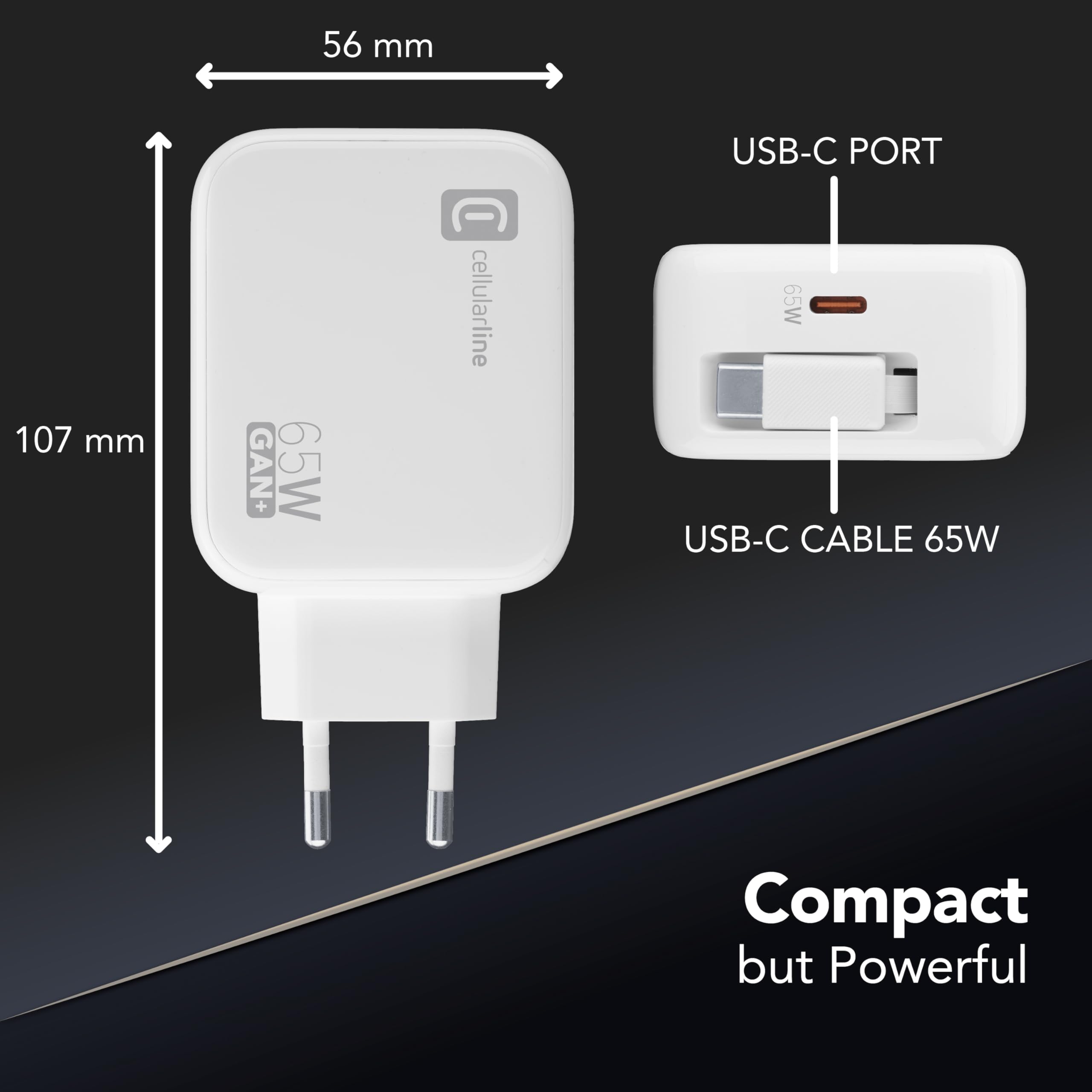 Cellularline Chargeur Secteur 65W avec Câble USB-C Rétractable de 90 cm, Technologie GaN, Double Port USB-C Power Delivery, Compact pour Smartphones, Tablettes et Ordinateurs Portables, Blanc