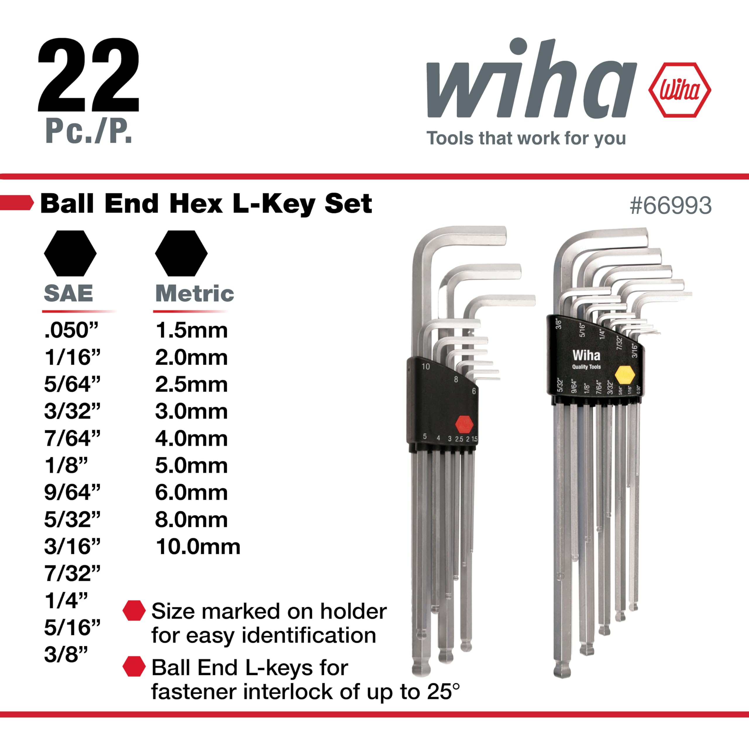Wiha 66993 Ball End Hex L-Key Sets, 2-Pack, Inch & Metric, 22