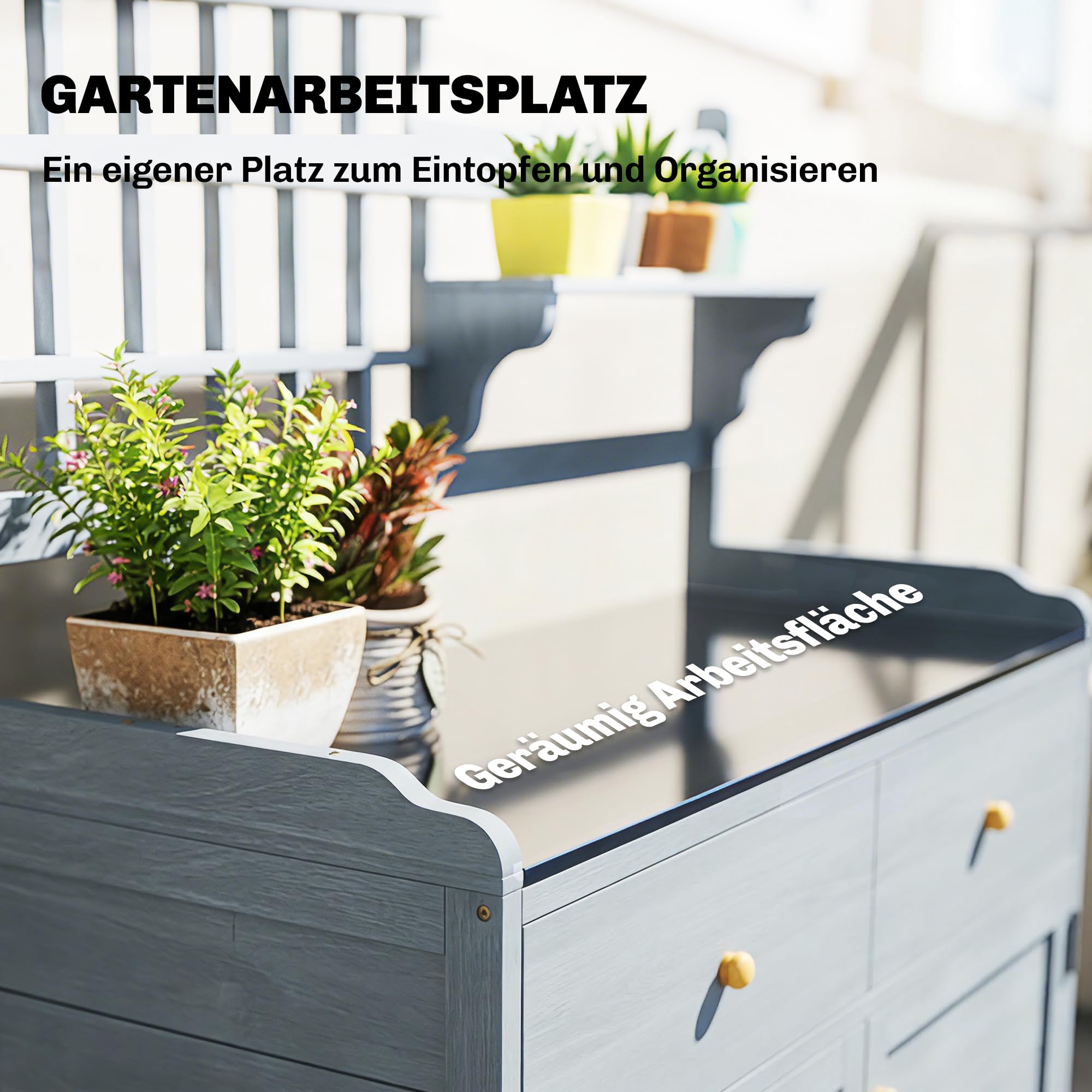 Outsunny Pflanztisch mit Unterschrank aus Holz Outdoor Gartenschrank mit verzinkter Arbeitsplatte 2 Schubladen wetterfest Gärtnertisch Geräteschrank für Garten Balkon Terrasse 104x44x140 cm Hellgrau
