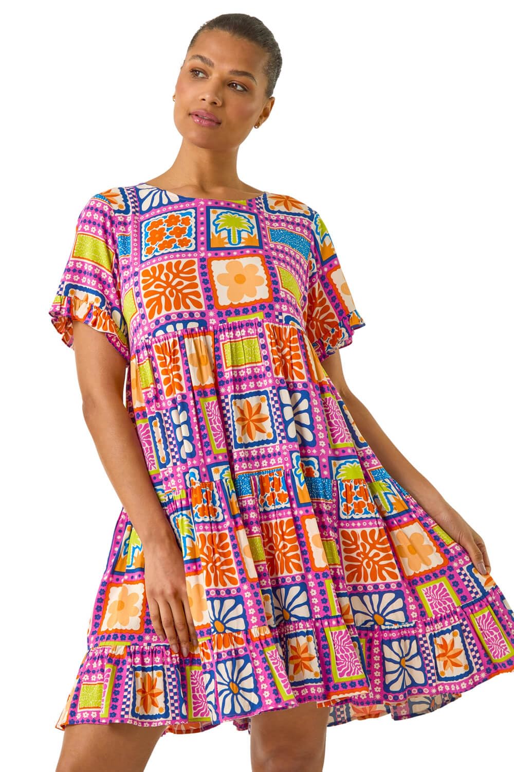 Roman Smock Dress for Women UK Ladies Swing A Line Tiered Pocket Slouch Summer Spring Everyday Evening Work Holiday Short Sleeve Smart Casual Beach Lightweight Shift - Pink Multi - Size 16