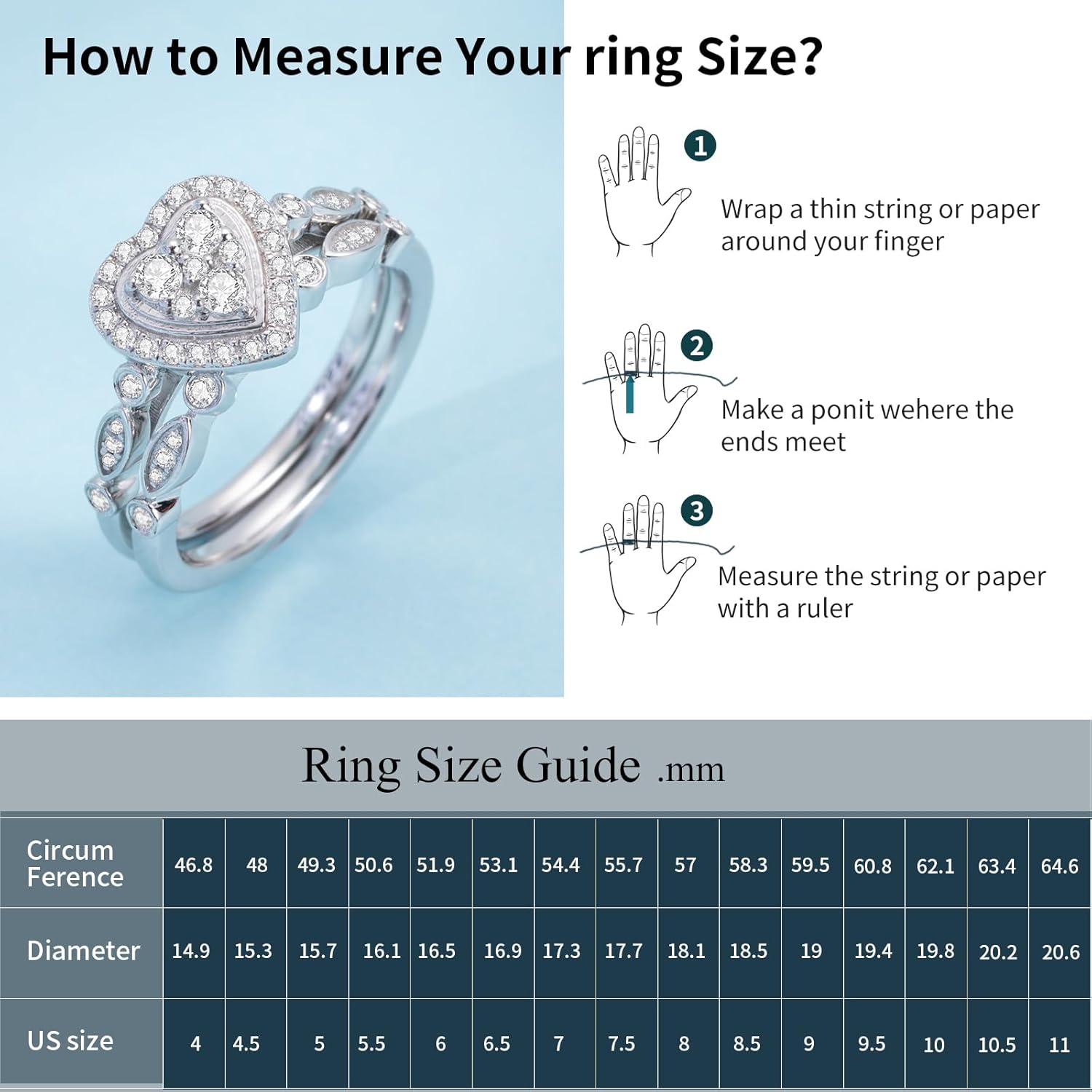 Love Heart Moissanite Engagement Rings for Women, Moissanite Wedding Rings Bridal Set,Two Rows Design,D Color VVS1 18k Gold Plated 925 Sterling Silver Promise Ring for Her - Image 6