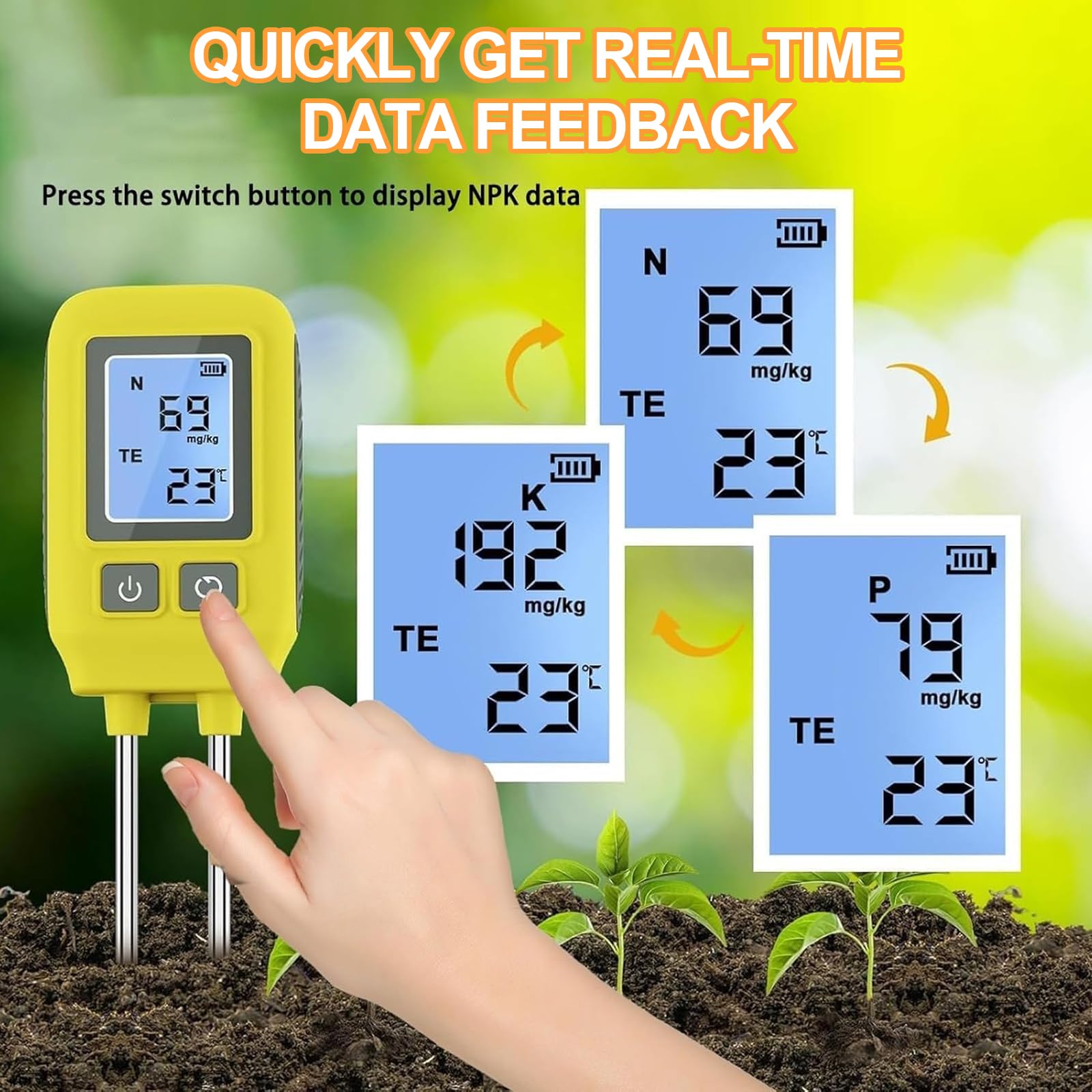 Tester gleby 4 w 1, cyfrowy wyświetlacz LCD do pomiaru azotu, fosforu, potasu i temperatury, dokładne narzędzie do testowania gleby do pielęgnacji ogrodu i roślin