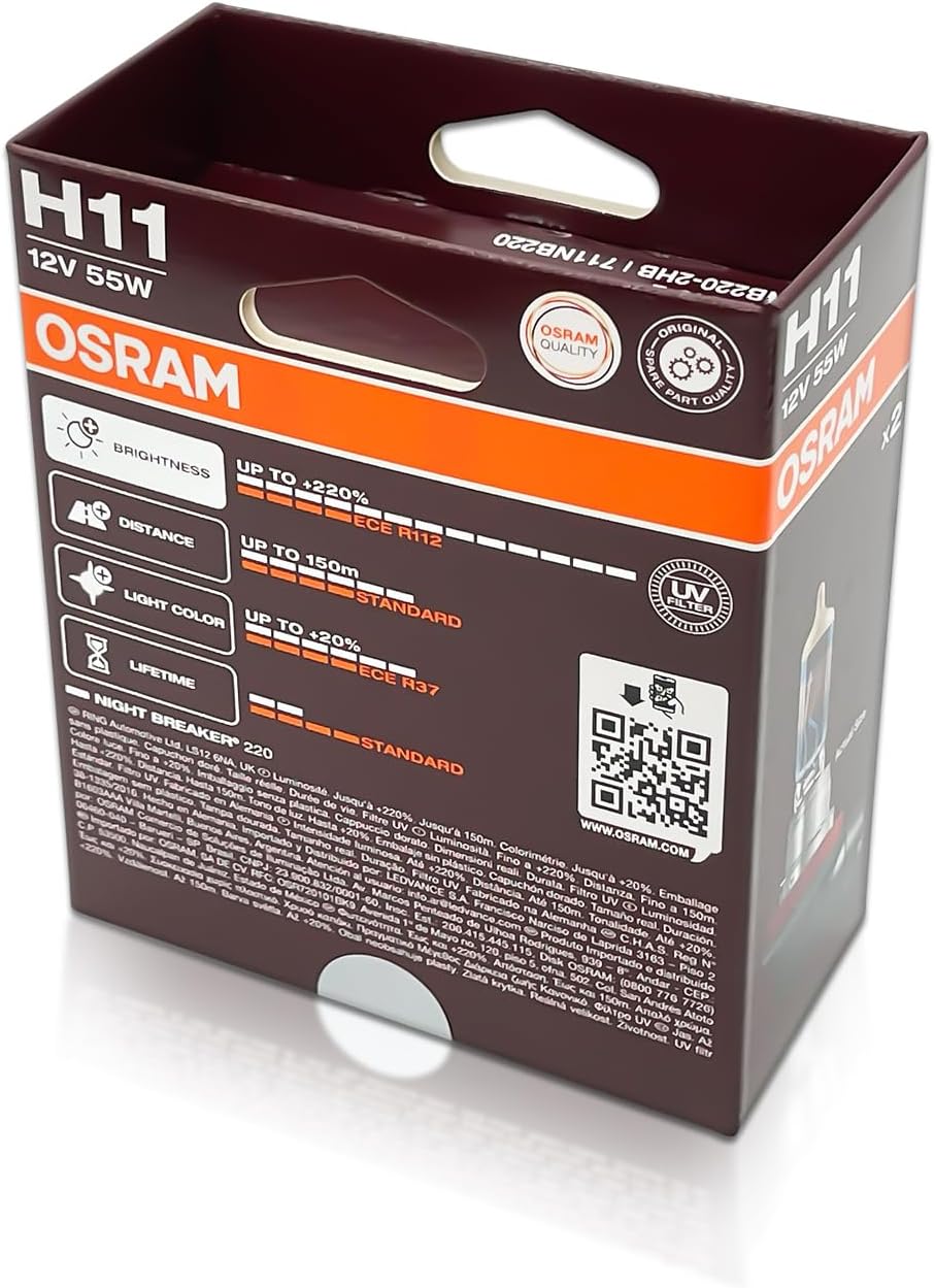 H11 Night Breaker 220 Halogen Headlight Bulbs 64211NB220-2HB 3900K 12V 62W PGJ19-2 | Pack of 2