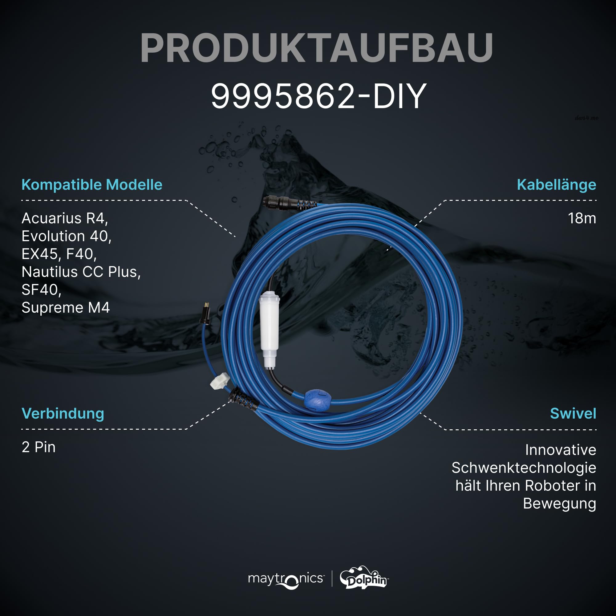 Dolphin Original-Ersatzteil - 18m blaues Kabel mit Swivel - Teilenummer 9995862-DIY
