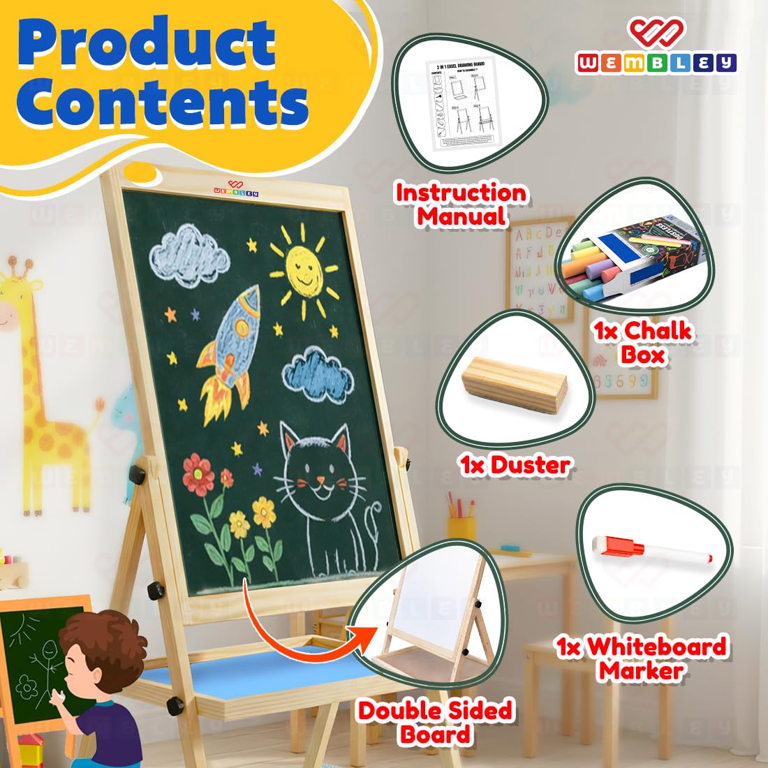 Wembley Easel for Kids – Educational Writing & Drawing Board | Reusable Learning Board for Preschool & Early Learning (3+ Years)| 2-in-1 Durable Easel Board for Kids 1