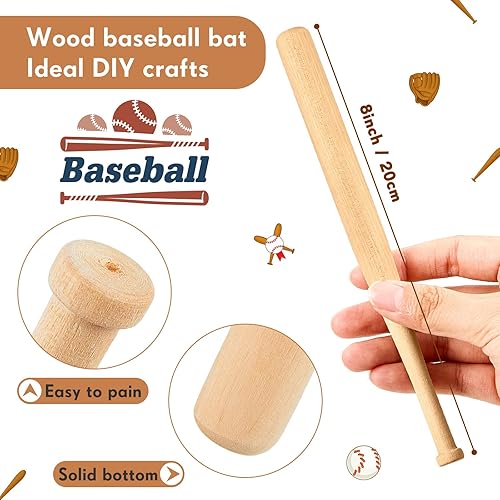 Miniatura 2 de Mini bate de béisbol de 8 pulgadas, pequeños bates de madera sin pintar, para pintar, llavero, figuras de acción, proyectos de manualidades, bola,
