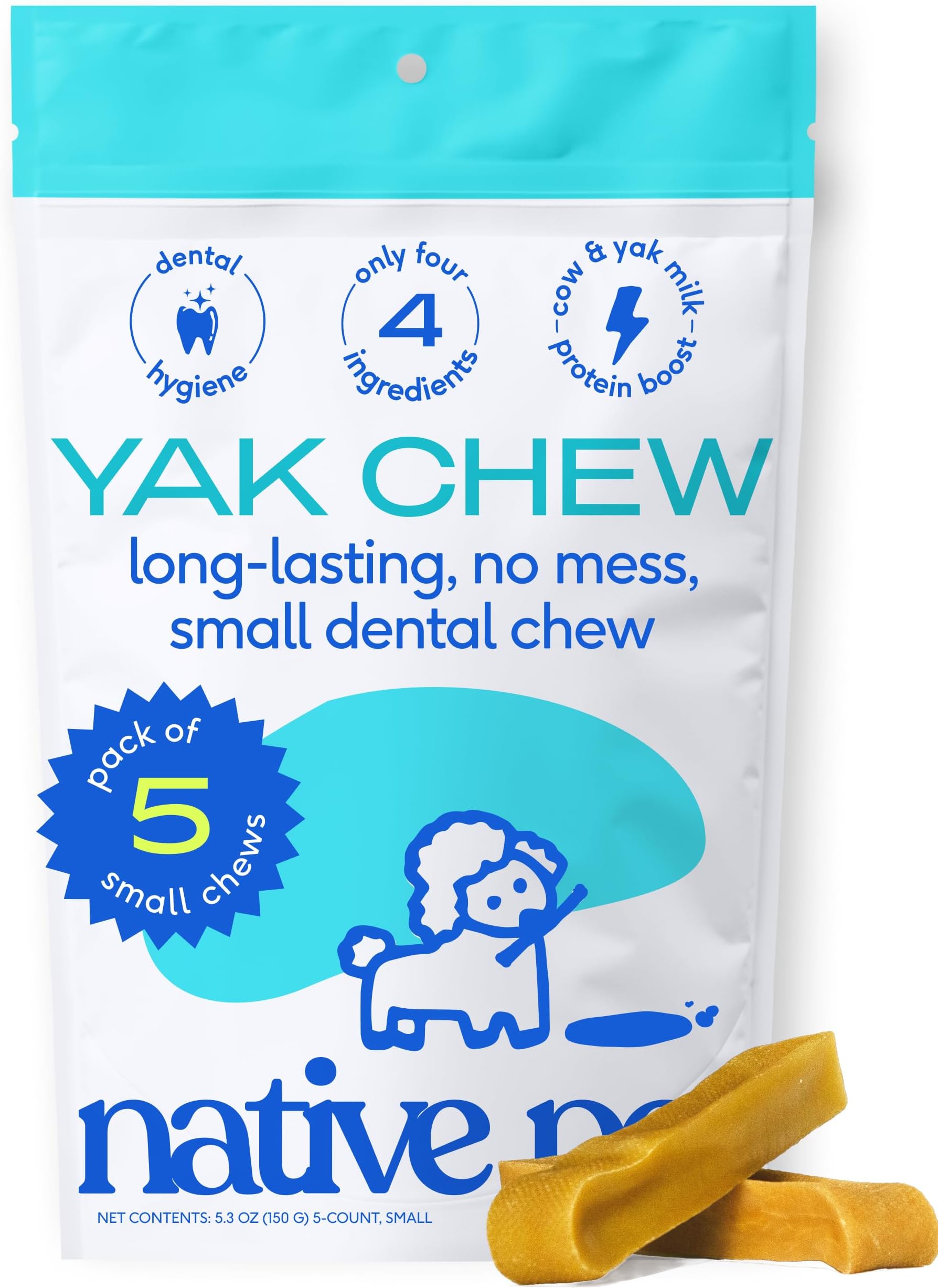 Native Pet Yak Cheese Himalayan Dog Chews - Long Lasting Dental Sticks for Small Breeds– 100% All Natural Himalayan Yak Chews for Small Dogs – Cheese Bone for Aggressive Chewers - 5 Per Pack