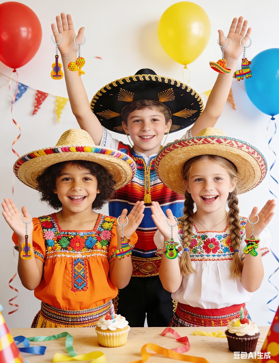 60Pcs Mexican Keychains, Cinco De Mayo Party Favors Donkey Maraca Sombrero Guitar Cactus Keychains
