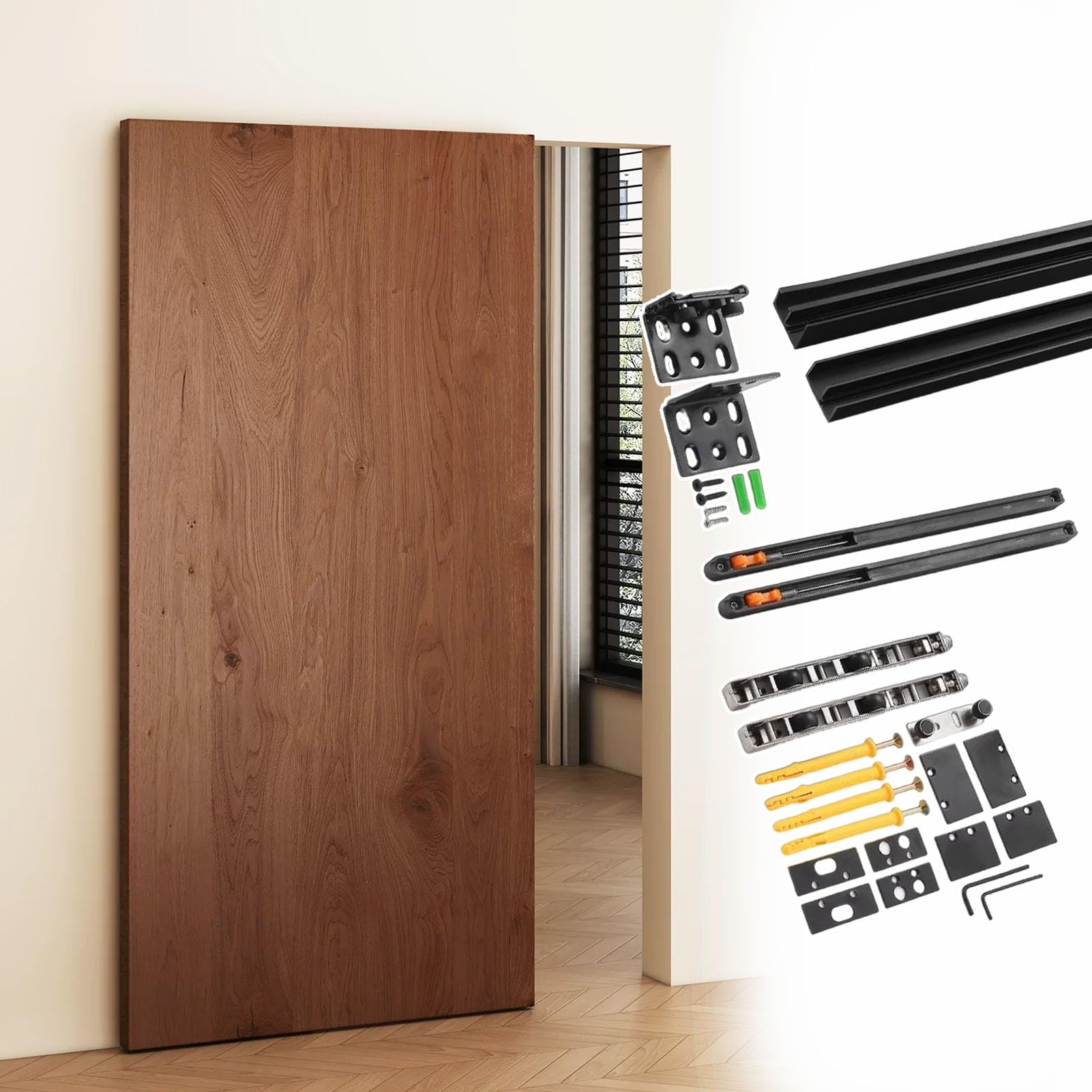 Kit Puerta Corredera Herrajes para Puerta Corredera Invisible Sin Riel, Riel Oculto con Cierre Suave para Efecto de Puerta Flotante, Riel de Puerta de Aluminio Negro(72cm(28.3in))