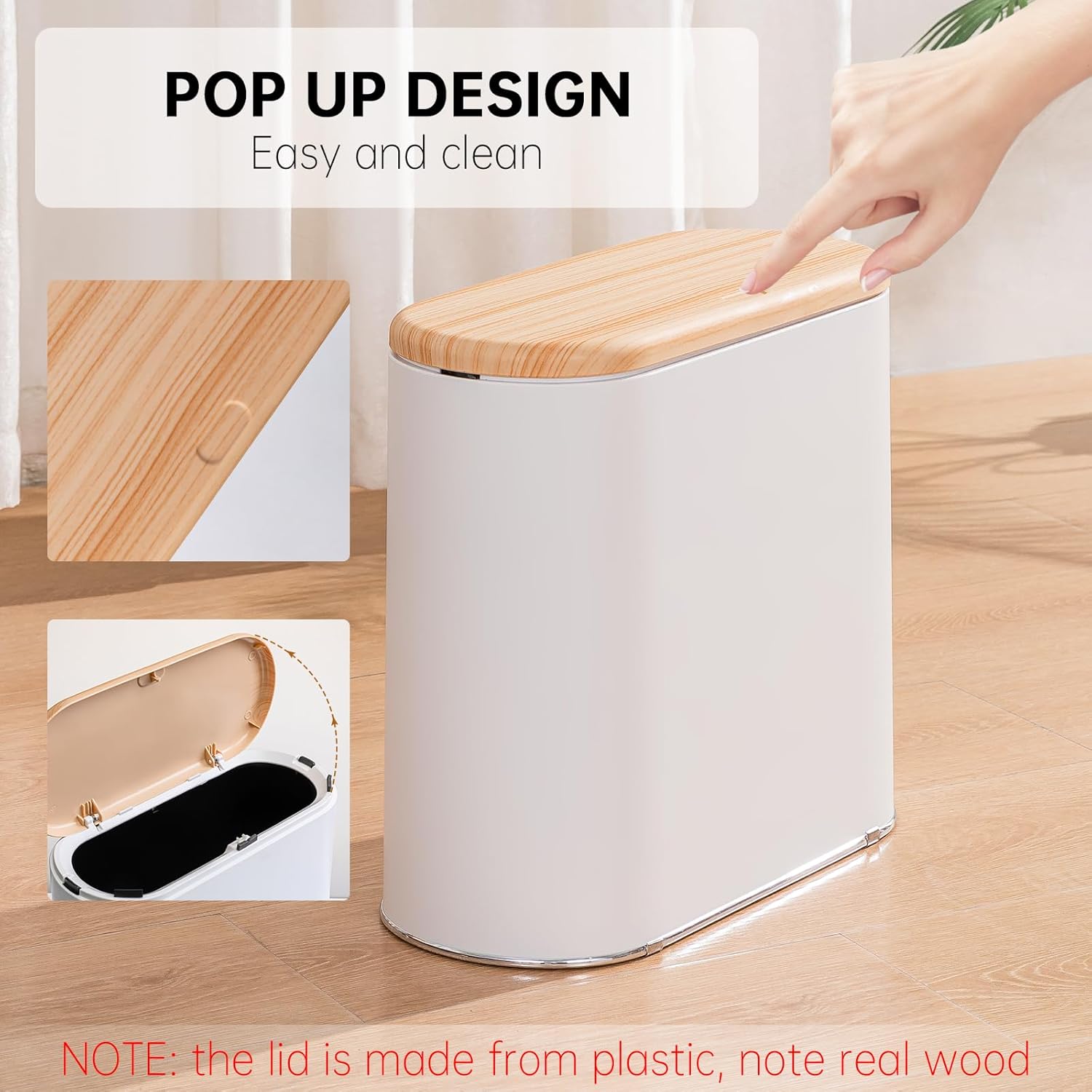 Small Bathroom Trash Can with Lid, 10L/2.6 Gal Slim Wastebasket - Odor & Pet Proof, Inner Bucket & Wood Grain Top, Plastic White Garbage Can for Kitchen, Bedroom, Living Room, Office, RV - Image 6