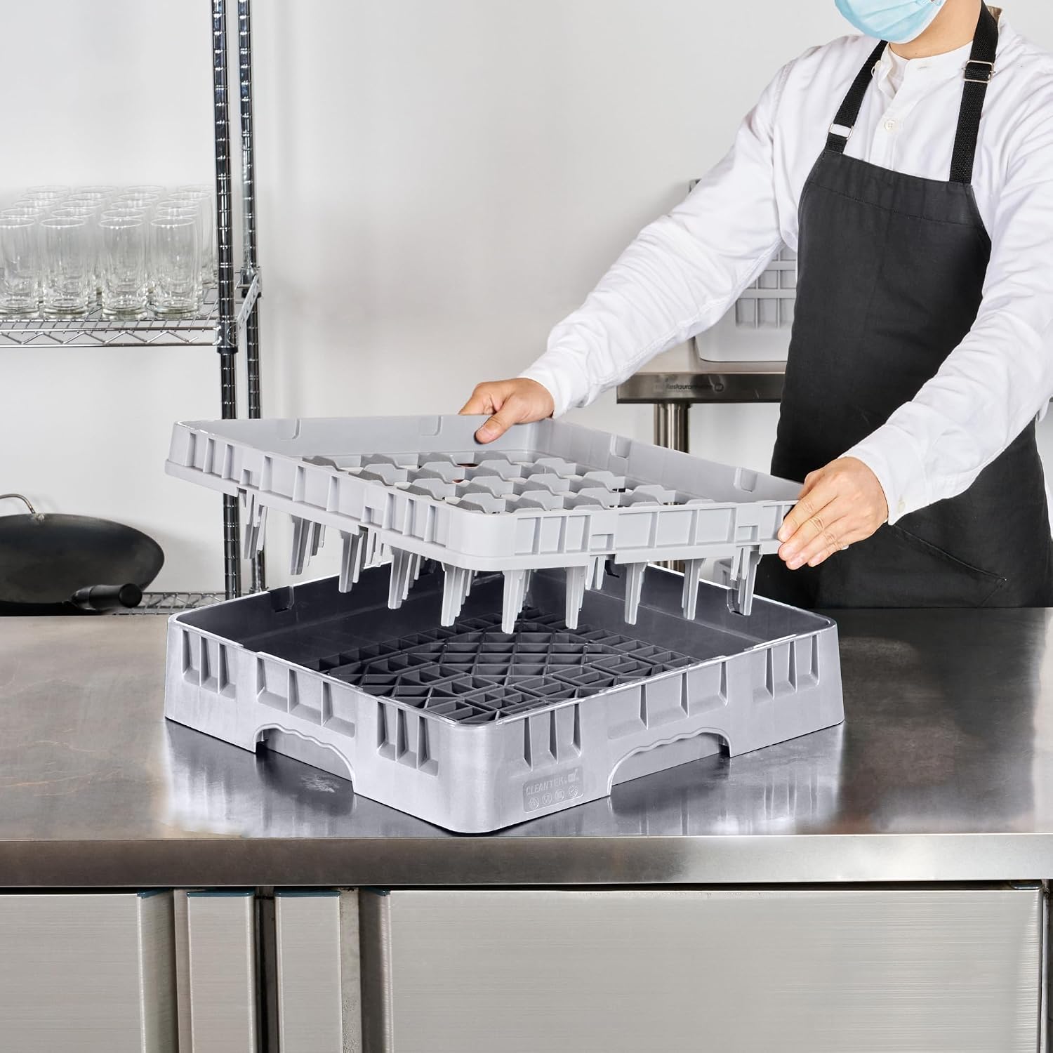 Restaurantware-Clean Tek Professional 36-compartment Glass Rack, 1 Heavy Duty Rack - With 1 Full Drop Extender, Gray Glass Organizers For Restaurants, Bars, Pubs, Cafeterias, and Home Kitchens
