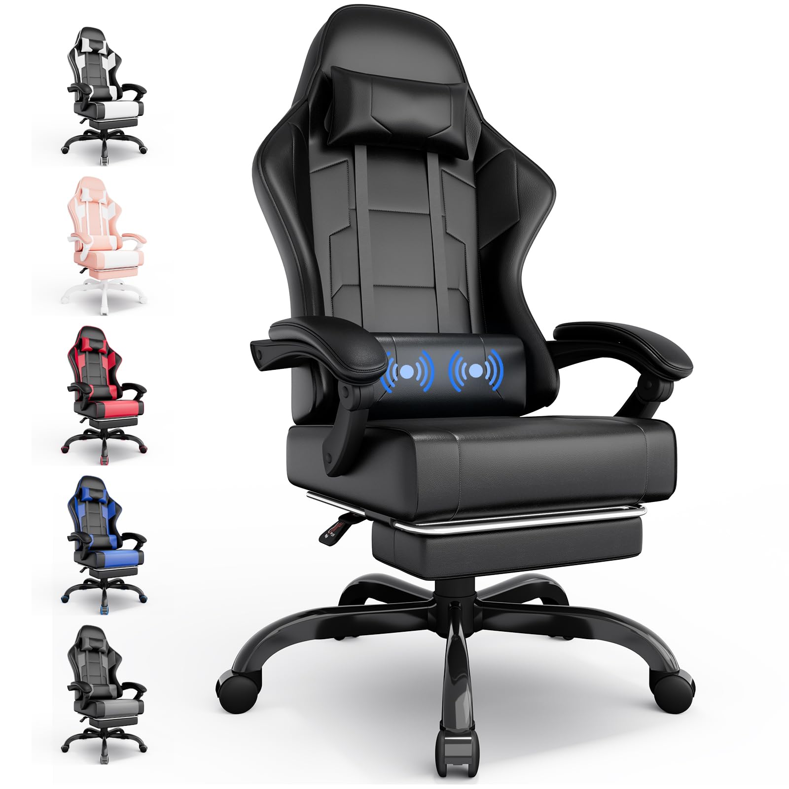 Silla Gaming Profesional con Masajeador, PU Silla de Juegos con Reposacabezas y Reposapiés, Silla de Oficina Ergonómica con Lumbar de Masaje, Reclinable 90-150°y Capacidad para 150KG Negro