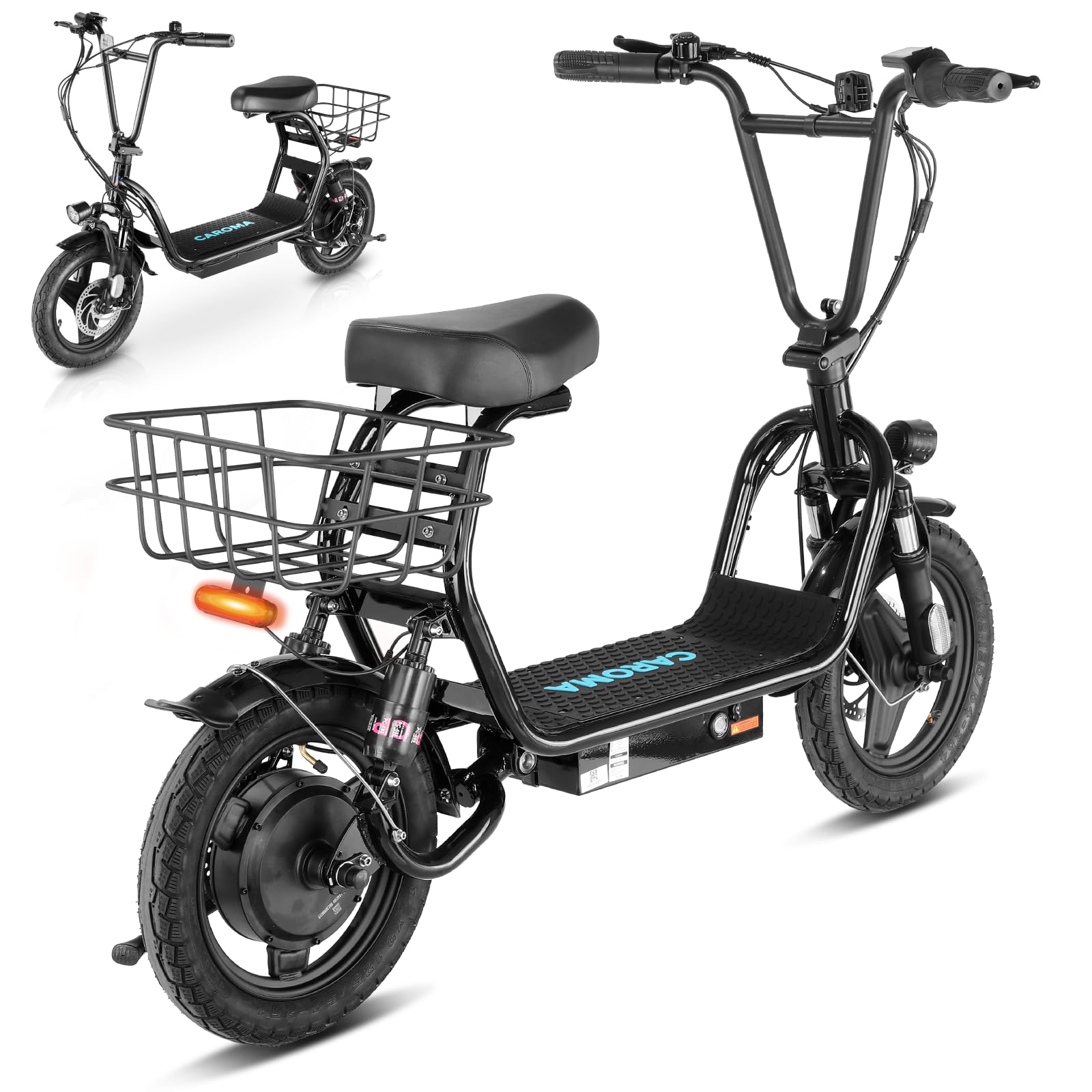 caroma peak 819w electric scooter with seat, 48v battery up to 25 miles, 14" pneumatic tire, foldable electric scooter for adults max speed 20mph, electric scooter for commuting with basket