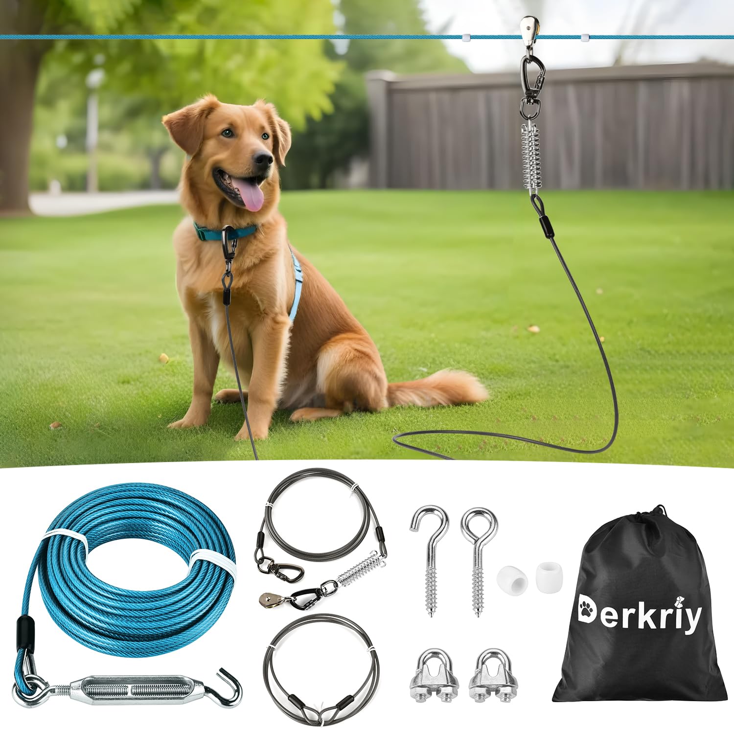 Dog Runner for Yard, Heavy Duty 100FT Dog Runs for Outside with 10FT Tie Out Cable, Trolley System Zipline for Large Dogs Up to 250lbs, Chew Proof Run
