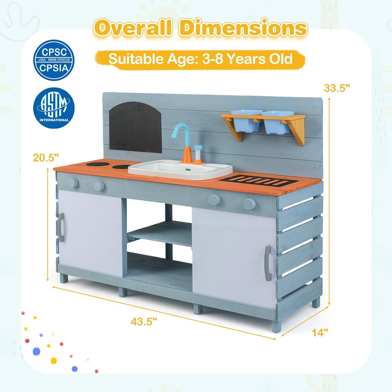 Costzon Mud Kitchen, Wooden Toy Playset w/Stoves, Sink, Faucet, Grill Rack, Chalkboard, Rotatable Knobs, Flowerpots, Shelves & Cabinets, Outdoor Mud Kitchen for Kids Aged 3-8 （Blue+Orange）